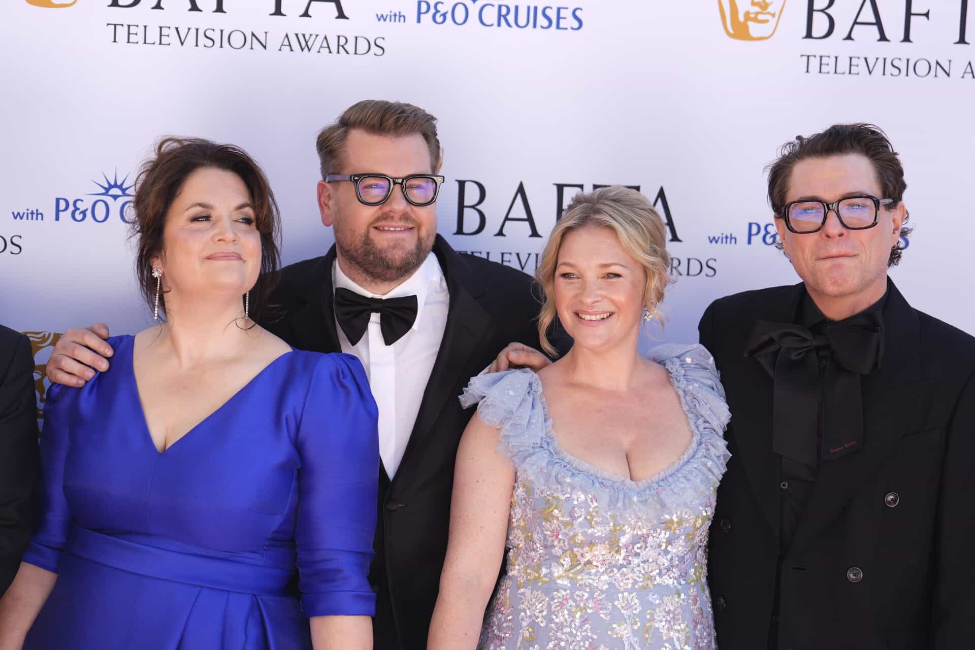 The cast of Gavin and Stacey (left to right) Ruth Jones, James Corden, Joanna Page and Mathew Horne attending the 2025 Bafta Television Awards (Jordan Pettitt/PA).