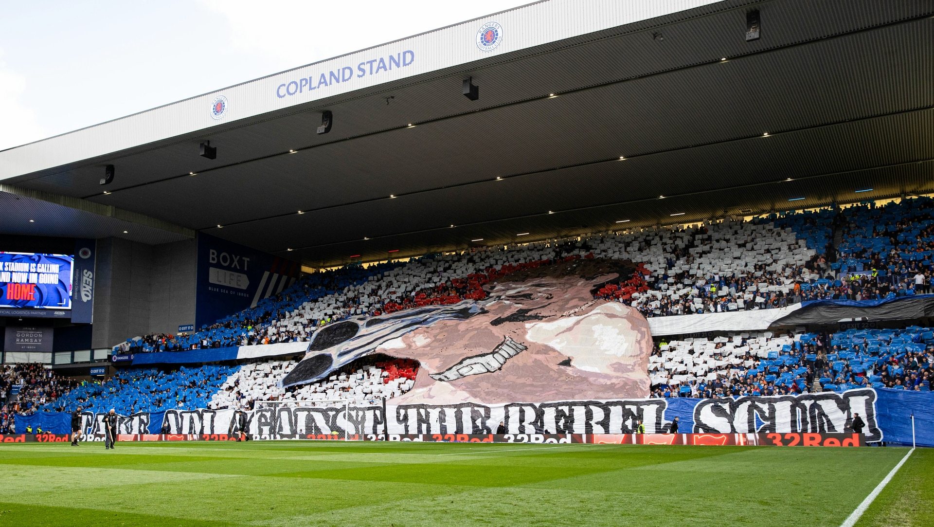 Rangers fans produce a tifo during a William Hill Premiership match between Rangers and Celtic at Ibrox Stadium