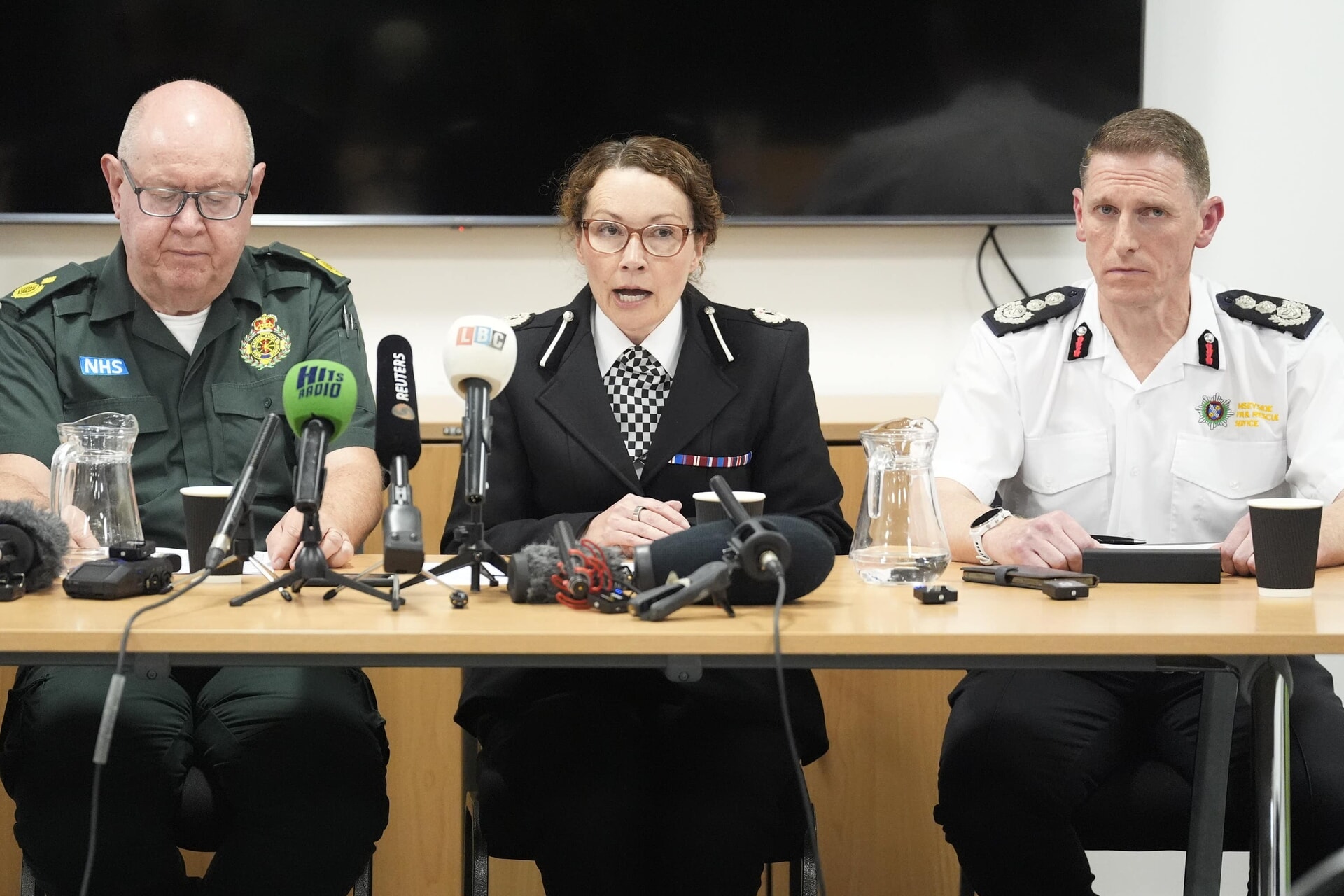 (left to right) North West Ambulance Service’s Dave Kitchin, Merseyside Police’s Assistant Chief Constable Jenny Sims and Nick Searle, chief fire officer for Merseyside Fire and Rescue Service during a press conference.