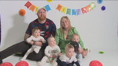 Scottish family celebrate rare quadruplets first birthday