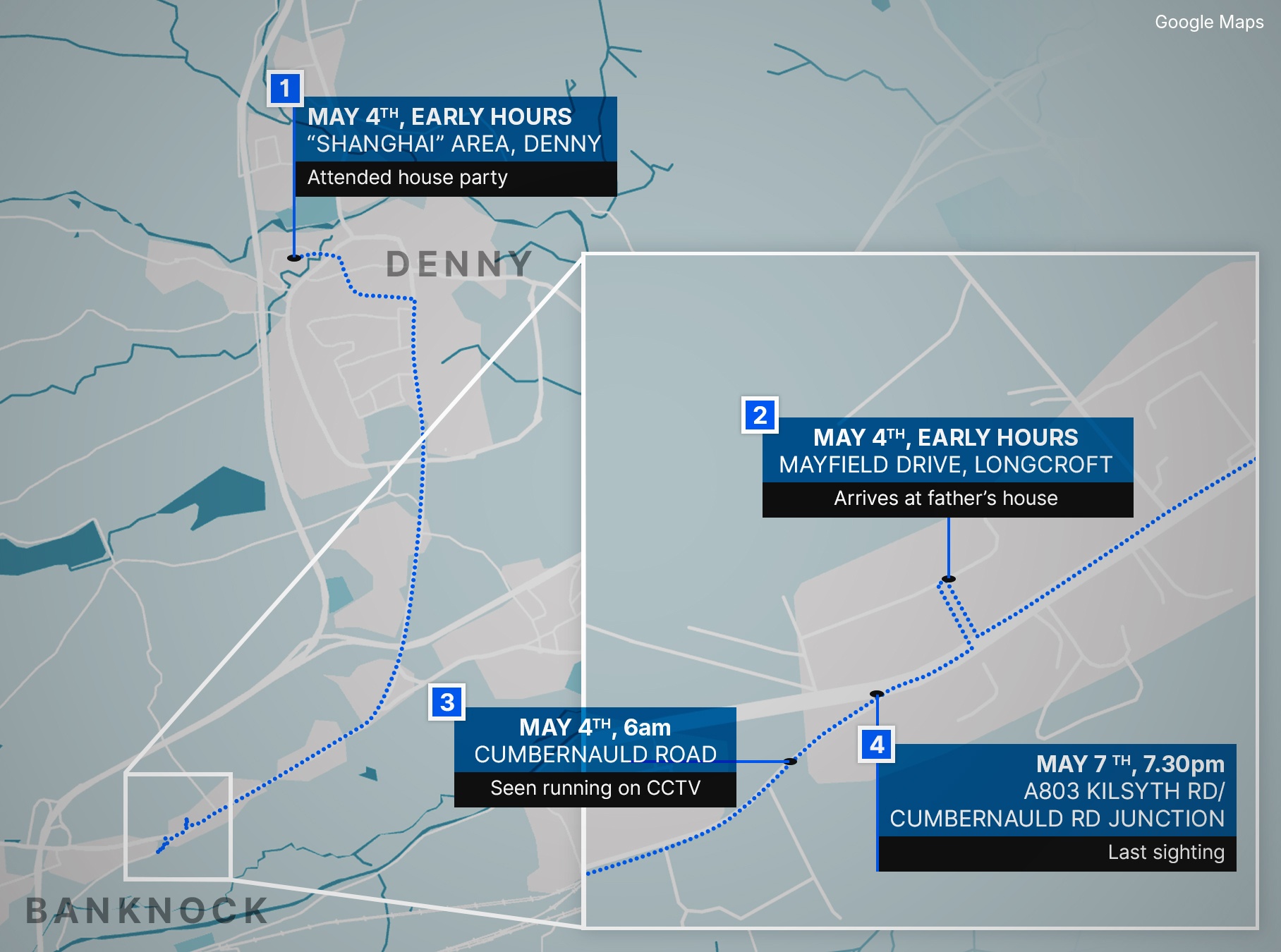 Timeline of Cole's movements and sightings.