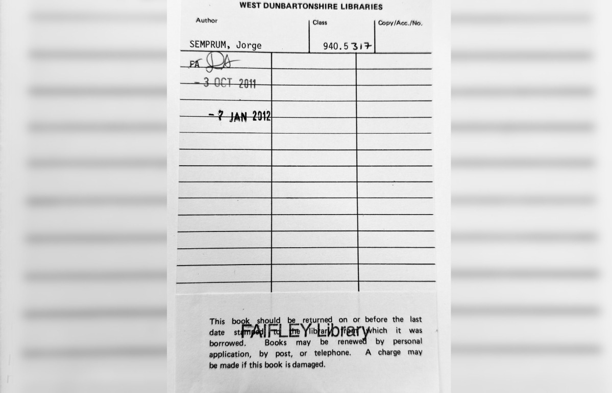 The book had been last loaned out on January 7, 2012.