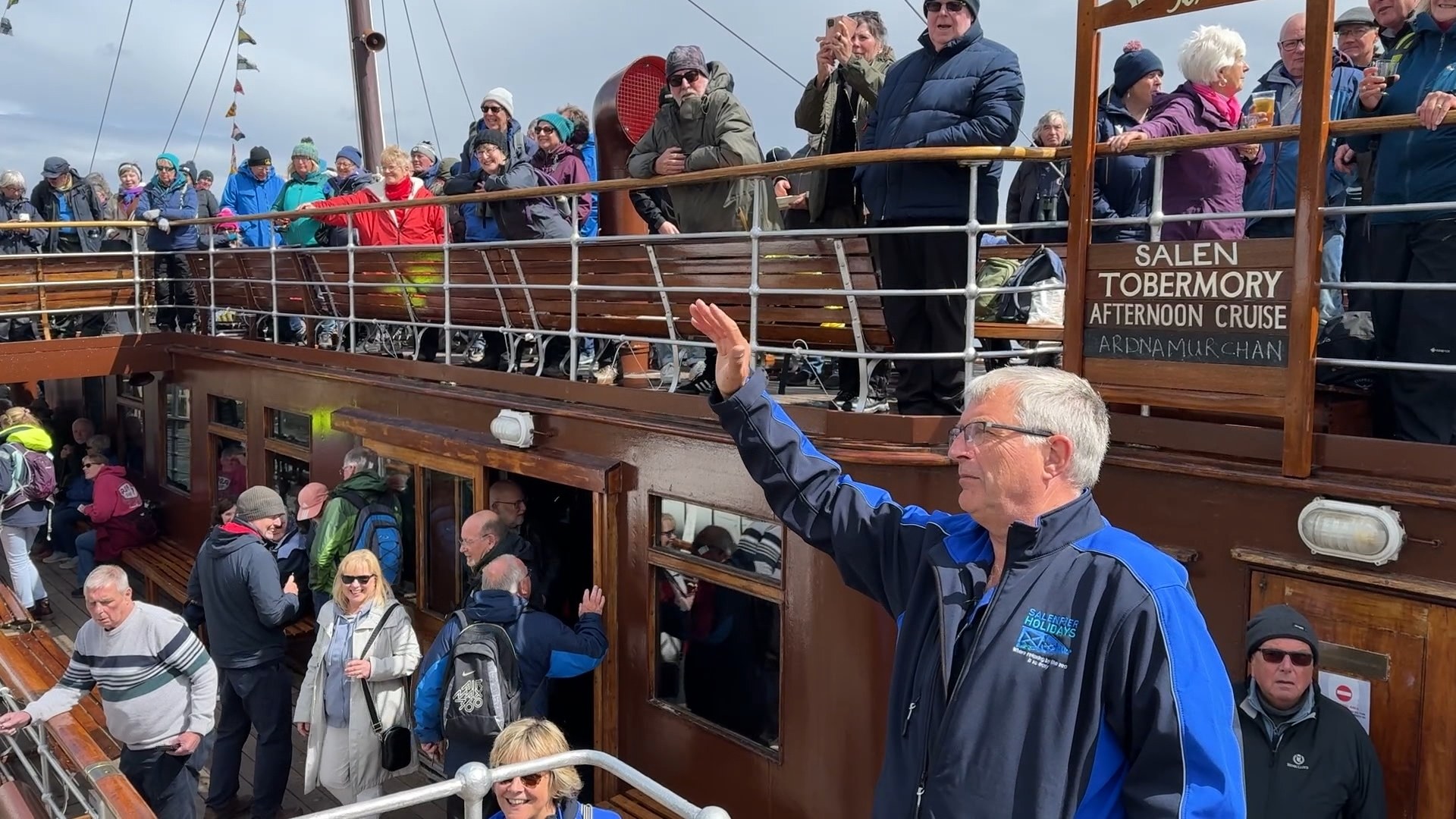 Peter Stanhope boarding the ferry at Salen Pier
