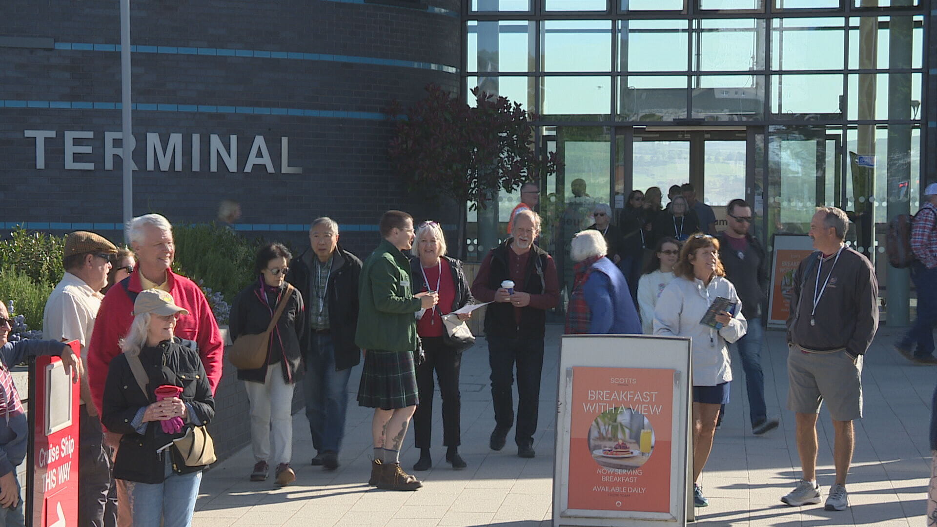 Passengers outside the terminal in Greenock