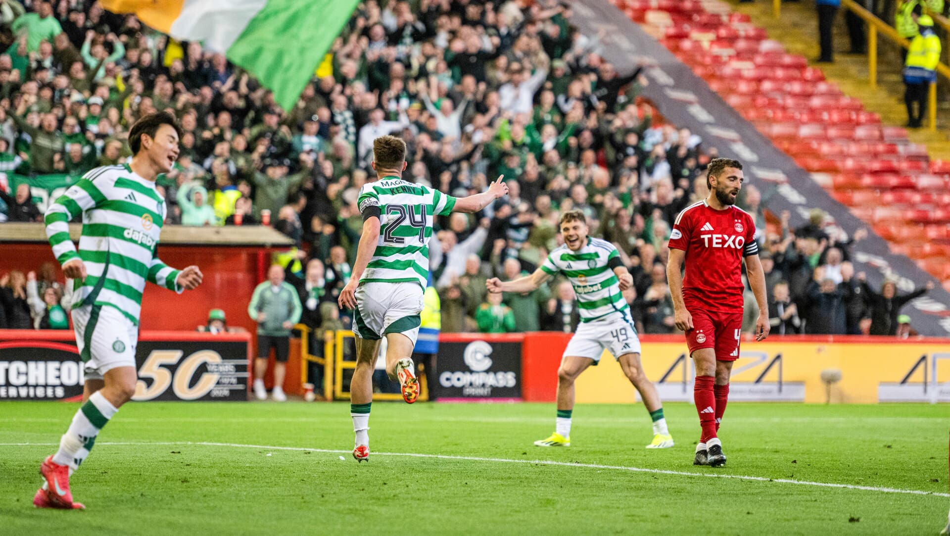 ABERDEEN, SCOTLAND - MAY 14: Celtic's Johnny Kenny celebrates as he scores to make it 4-1 during a William Hill Premieship match between Aberdeen and Celtic at Pittodrie Stadium, on May 14, 2025, in Aberdeen, Scotland. (Photo by Paul Devlin / SNS Group)