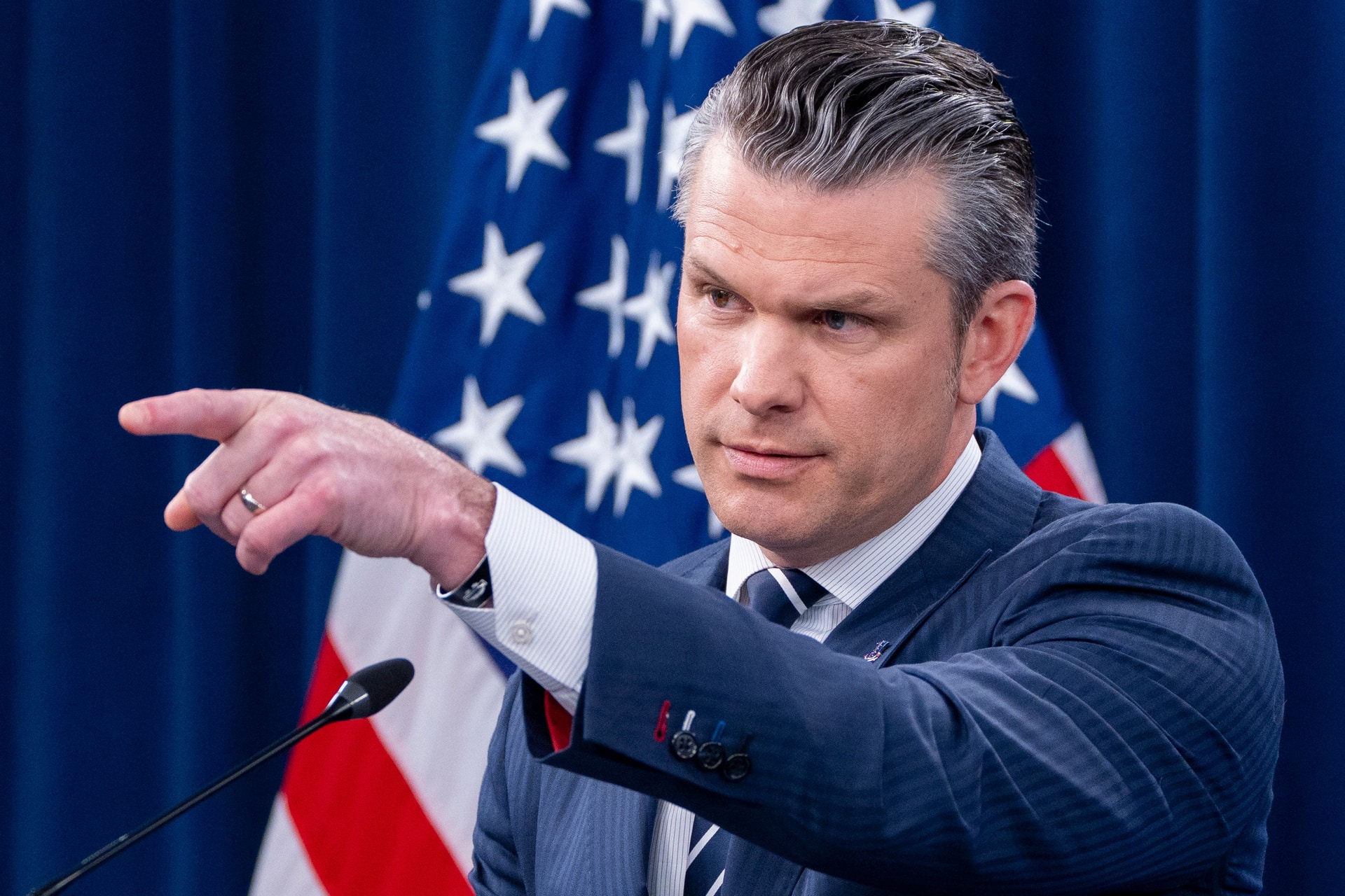 Defence Secretary Pete Hegseth speaks during a news conference at the Pentagon on Sunday (Alex Brandon/AP).