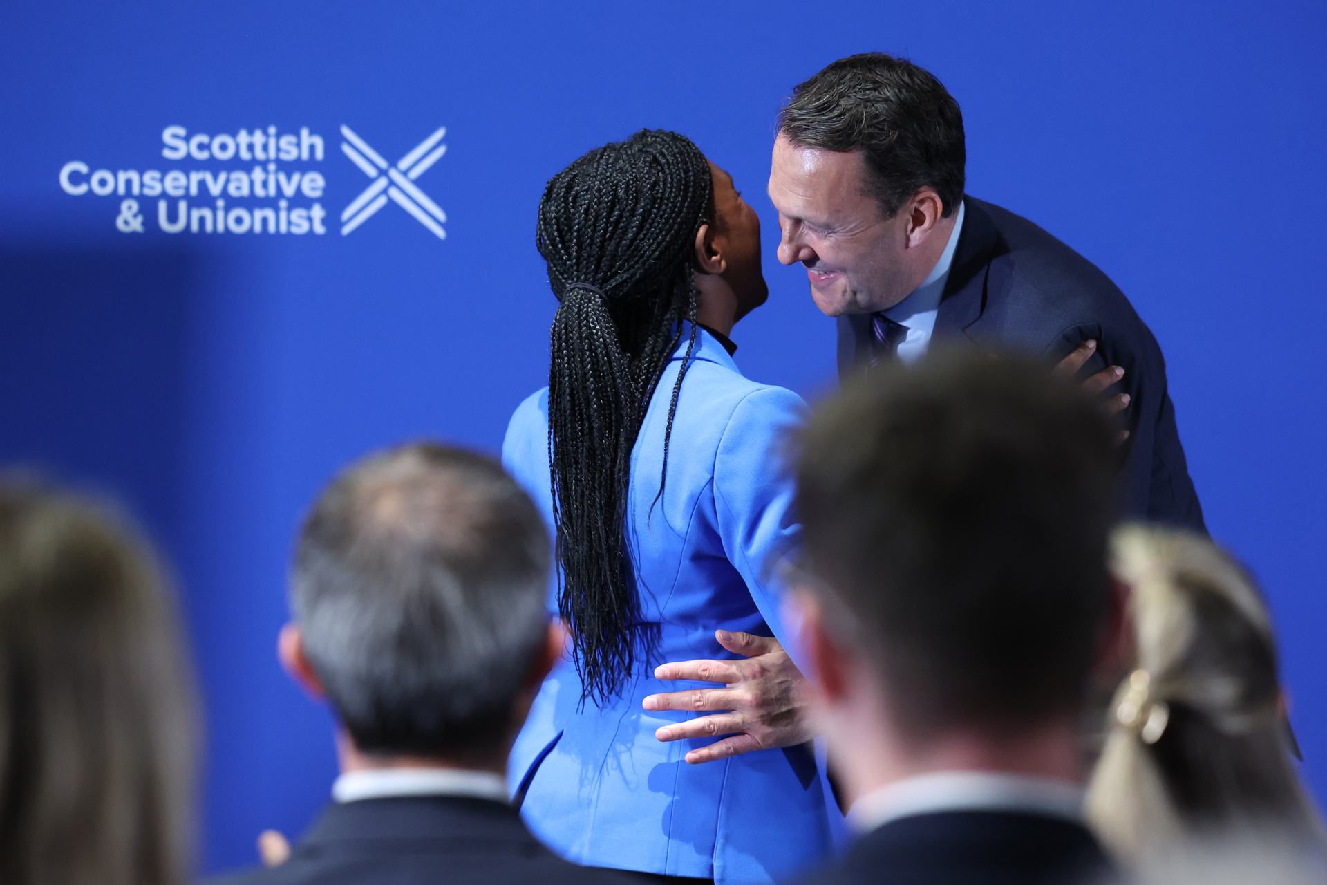Conservative party leader Kemi Badenoch is congratulated by Scottish Conservative leader Russell Findlay after delivering a speech to the Scottish Conservative Party Conference at Murrayfield Stadium.