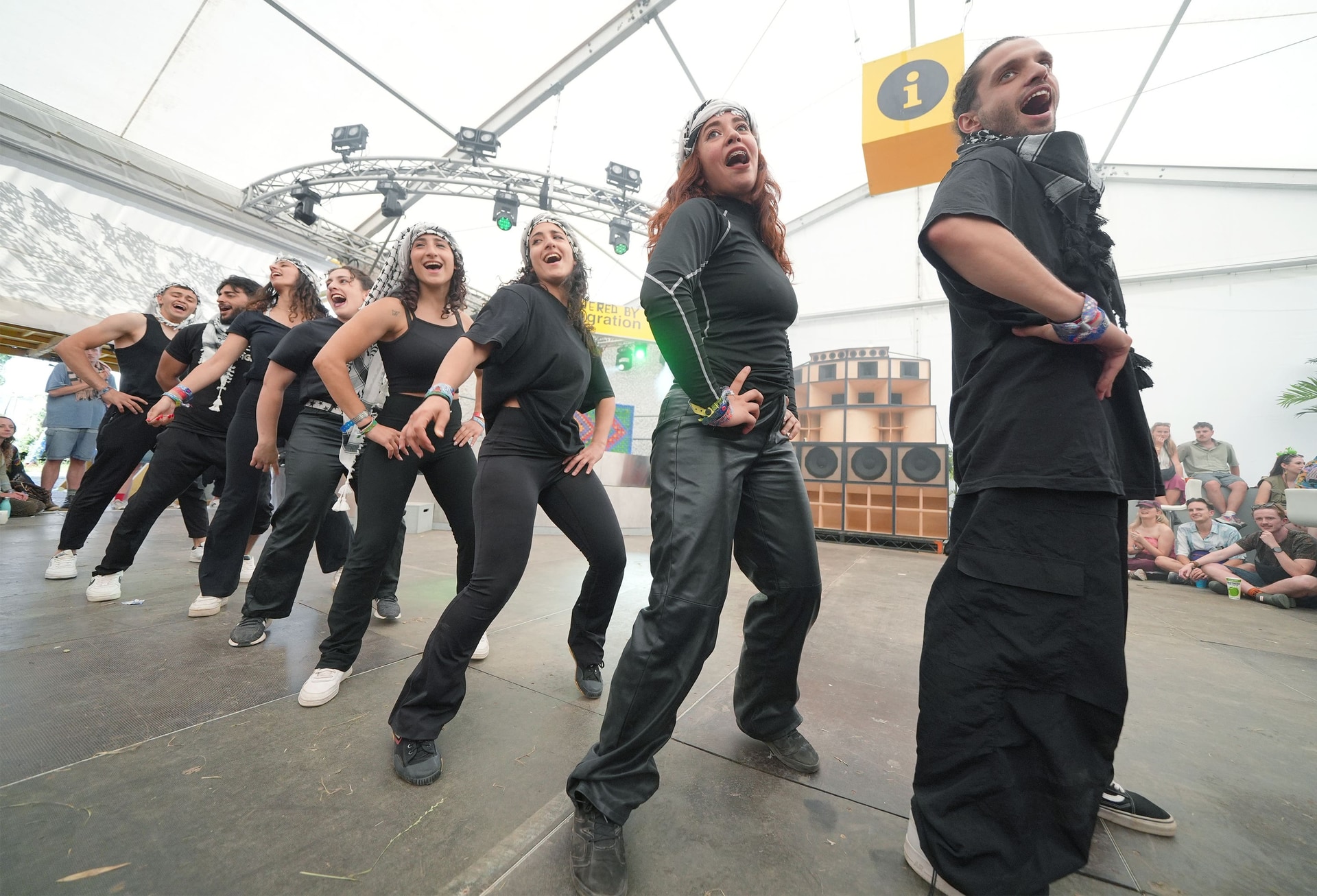 Members of The Palestinian Circus performing at Terminal 1 during the Glastonbury Festival at Worthy Farm in Somerset (Yui Mok/PA).