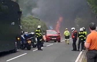Road closed for over 18 hours after Tesco lorry bursts into flames