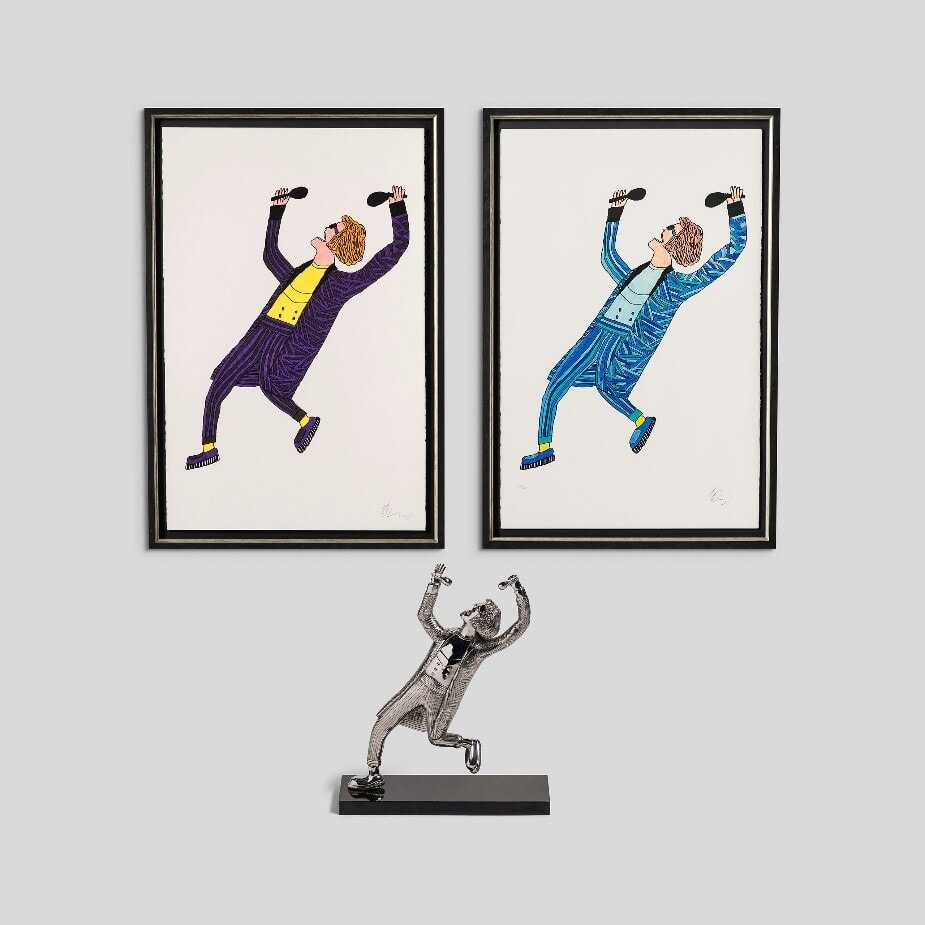 The collection, titled Windswept & Interesting, shows a dancing Teddy Boy figure as a stainless-steel sculpture, alongside two vibrant hand-signed giclée artworks.