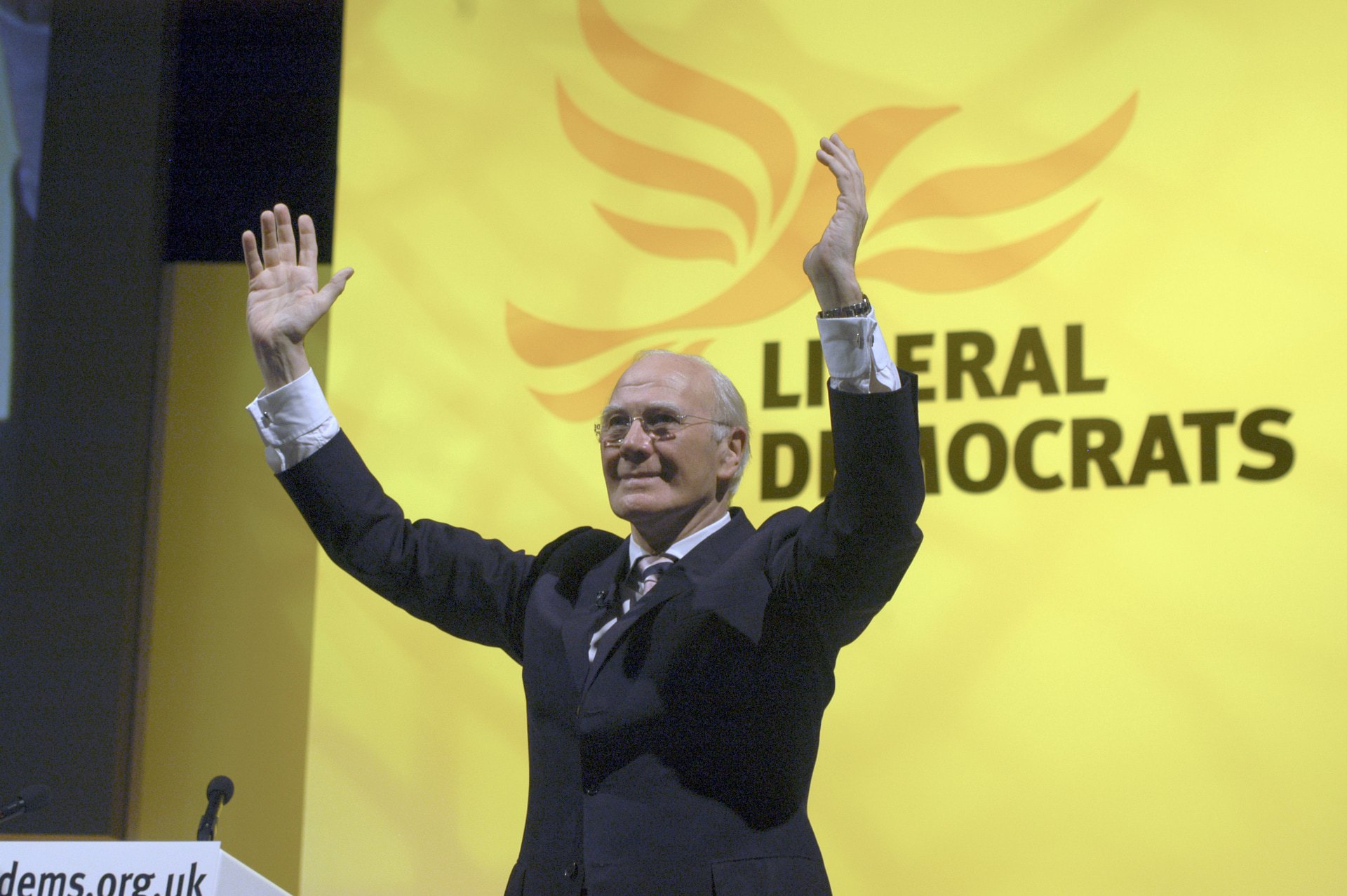 Sir Menzies Campbell, Leader of the Liberal Democrats raises his arms aloft in a triumphant gesture after delivering his keynote speech at the party annual conference in Brighton Thursday 21 September, 2006.