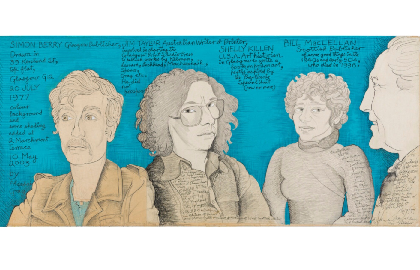 Four Folk in Glasgow Publishing 1977: Simon Berry and Bill McLellan, Glasgow Publishers, Jim Taylor, Australian Writer and Printer, Shelley Killen USA Artist (1977/2004) by Alasdair Gray.