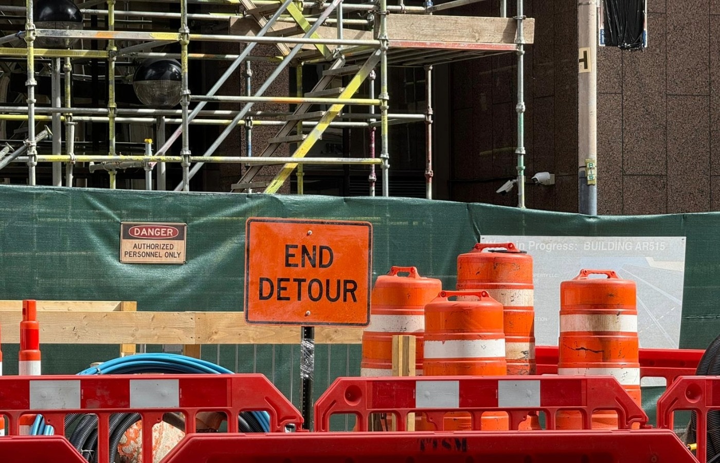 Fake construction sites have been set up across the city, and American flags are on the walls of buildings.