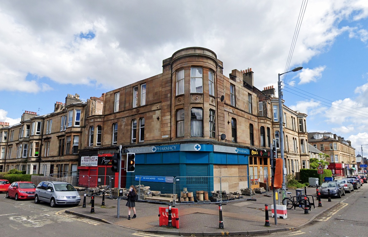 Tenement on the corner of Kenmure Street and Albert Drive in 2021, after sitting derelict for a year after the fire.