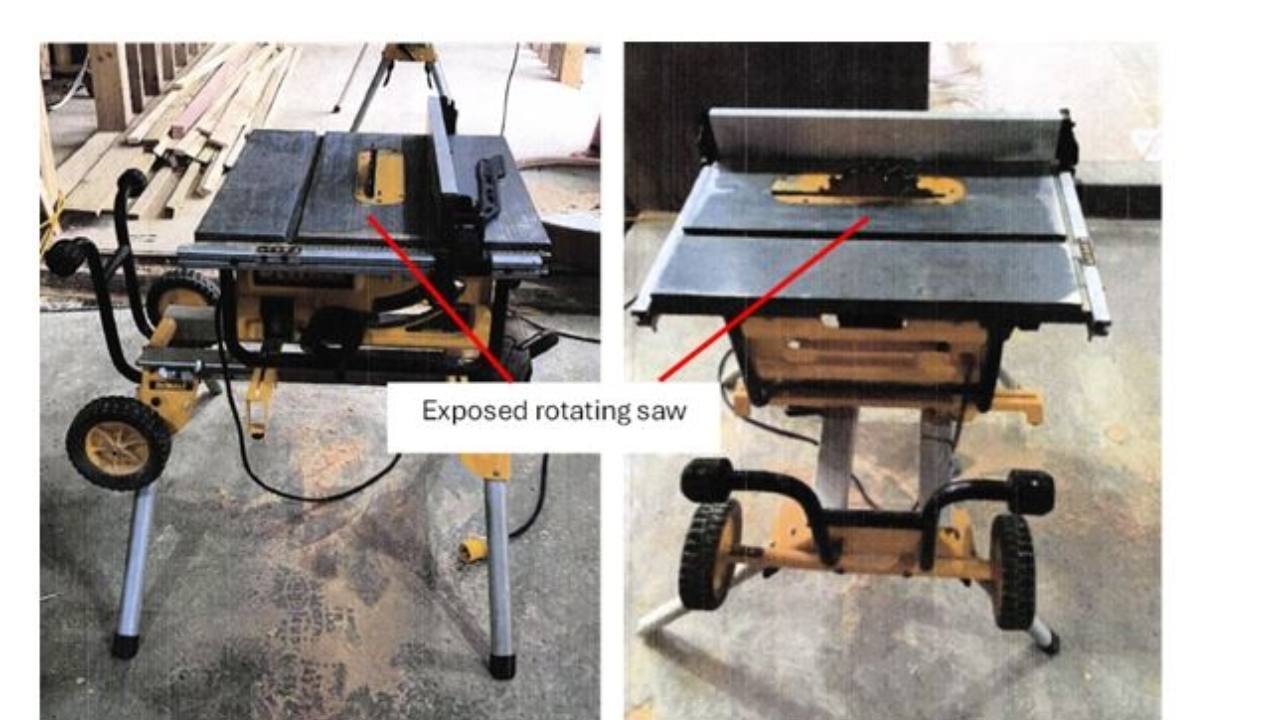 Portable table saw shown in the condition it was in at the time of the incident - the top guard and riving knife were removed.