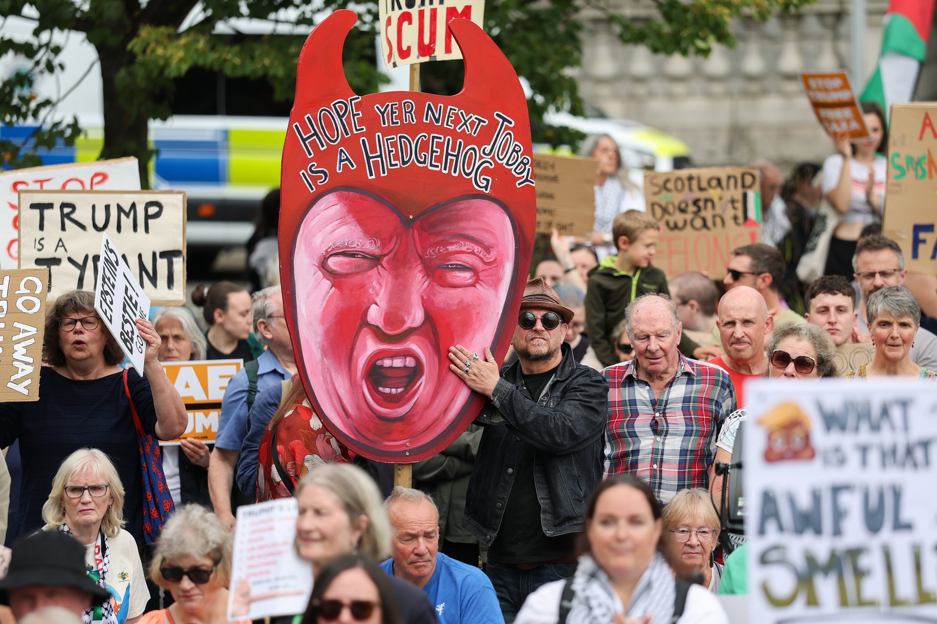 Demonstrators gather in Aberdeen protesting against the visit of President Trump to Scotland on July 26.