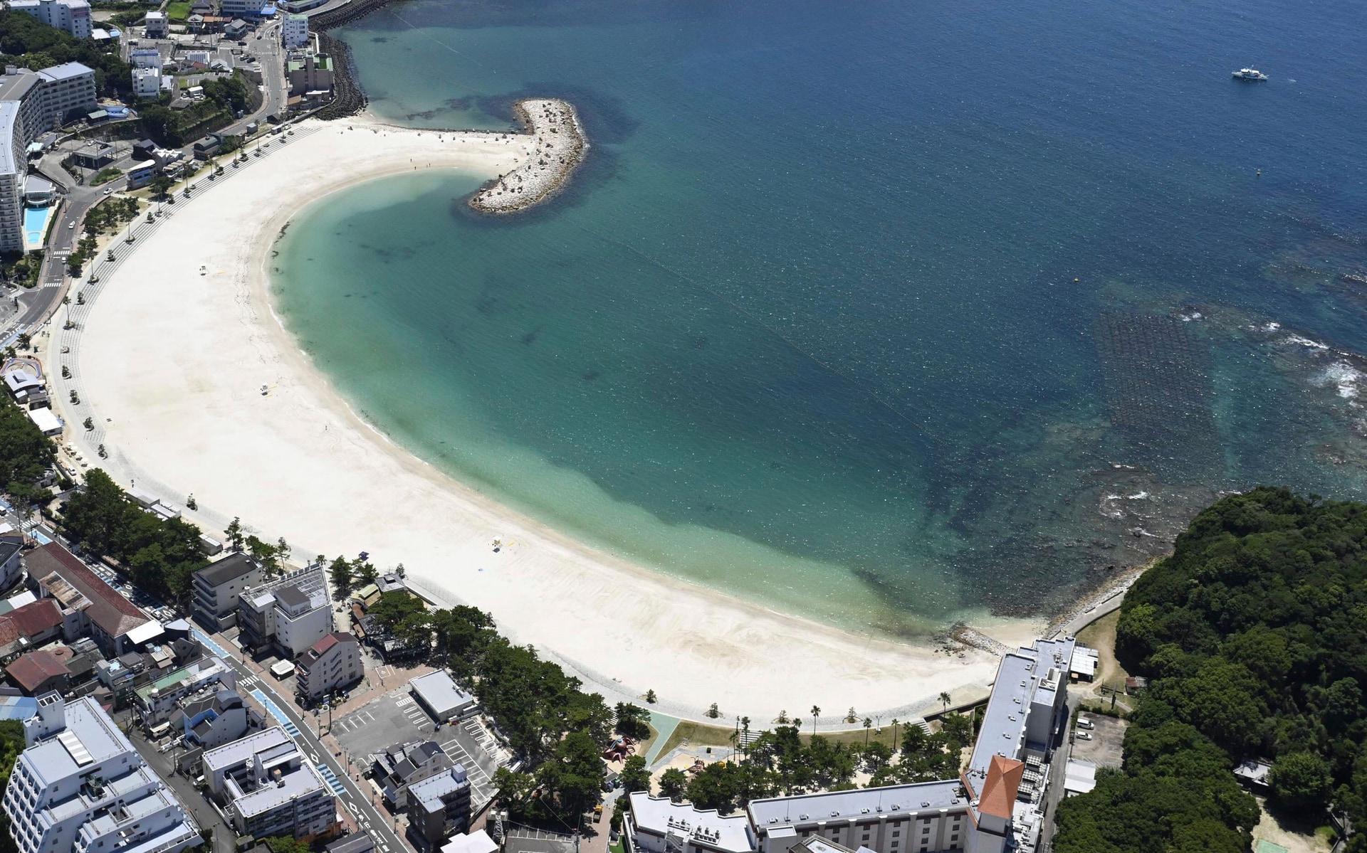 An empty beach in Shirahama, Wakayama prefecture, western Japan after beachgoers evacuated (Kyodo News/AP).