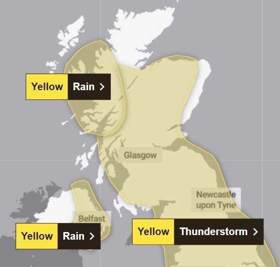 Met Office yellow weather warnings for thunderstorms and rain across Scotland on Monday, July 21.