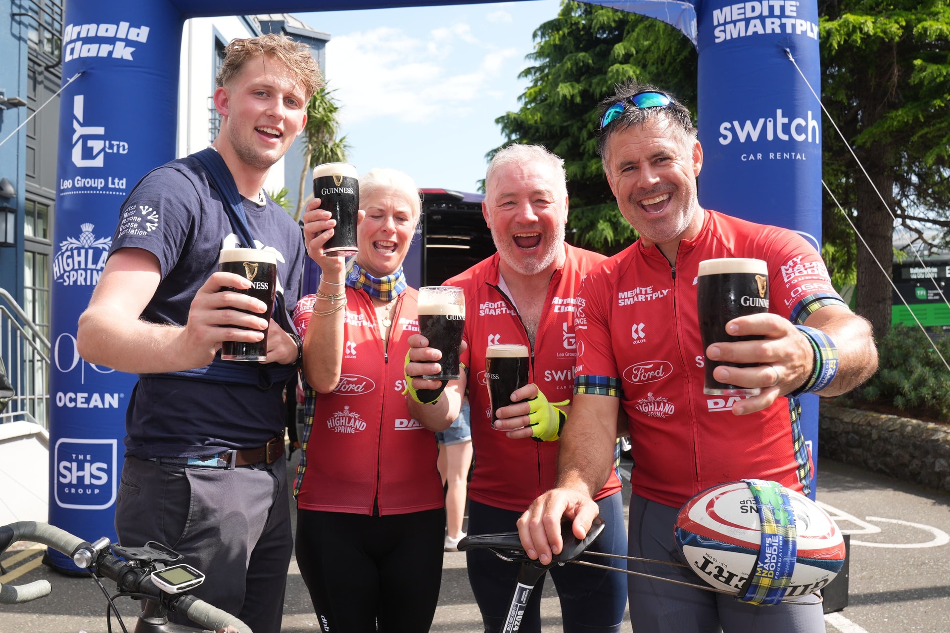 (left-right) Doddie Weir’s son Hamish Weir, Doddie Weir’s wife Kathy Weir, Ally McCoist and Kenny Logan celebrate the conclusion of the Doddie’5 Lions Challenge (Brian Lawless/PA).
