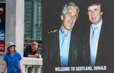 Mobile billboard of Trump and Epstein photo 'welcomes' President to