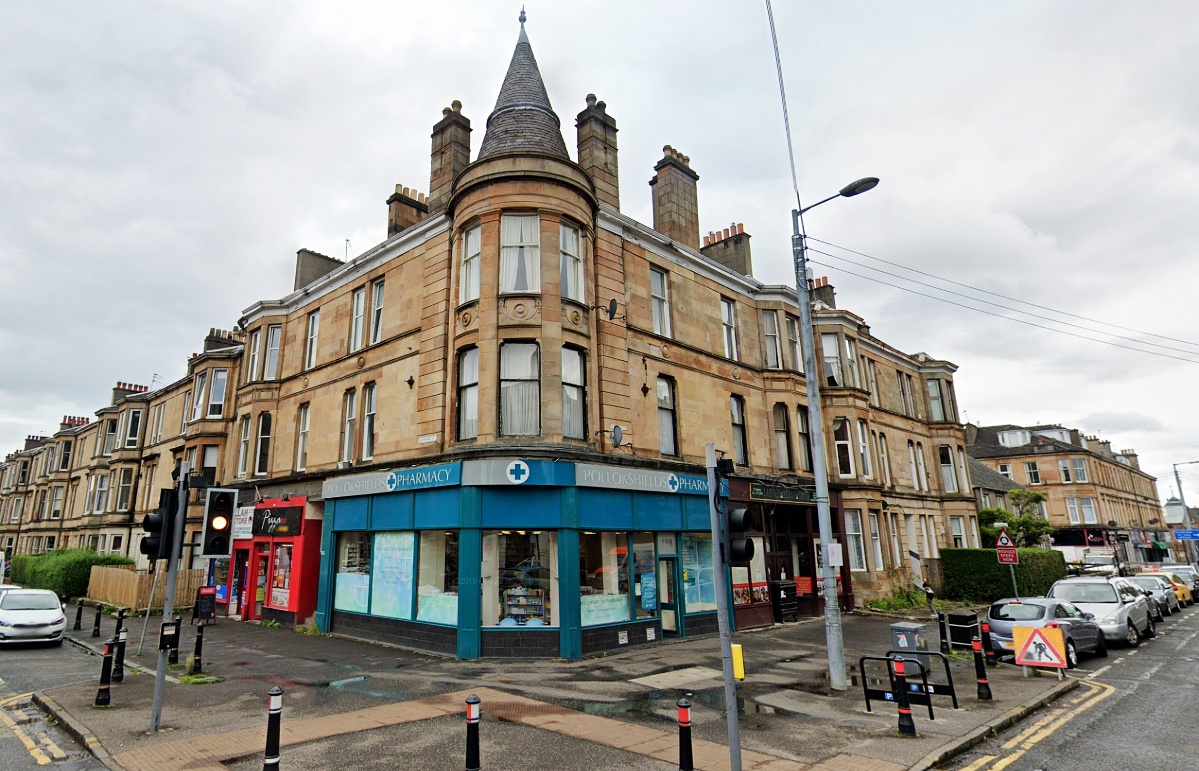Tenement on the corner of Kenmure Street and Albert Drive in 2019, before the fire.