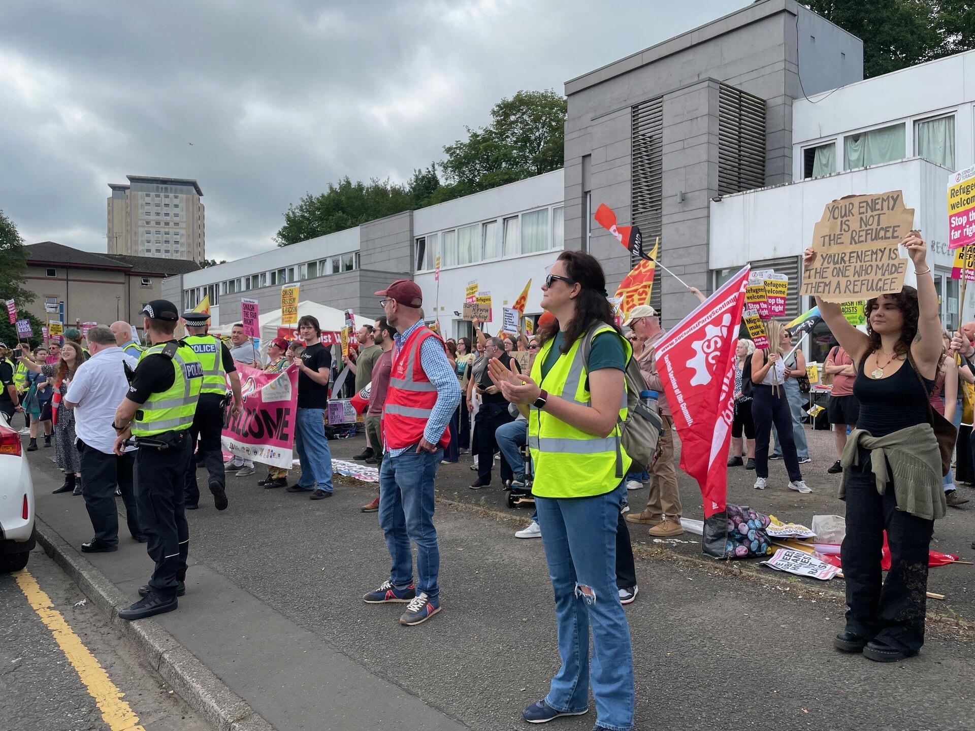 The protest took place outside a hotel in Falkirk.