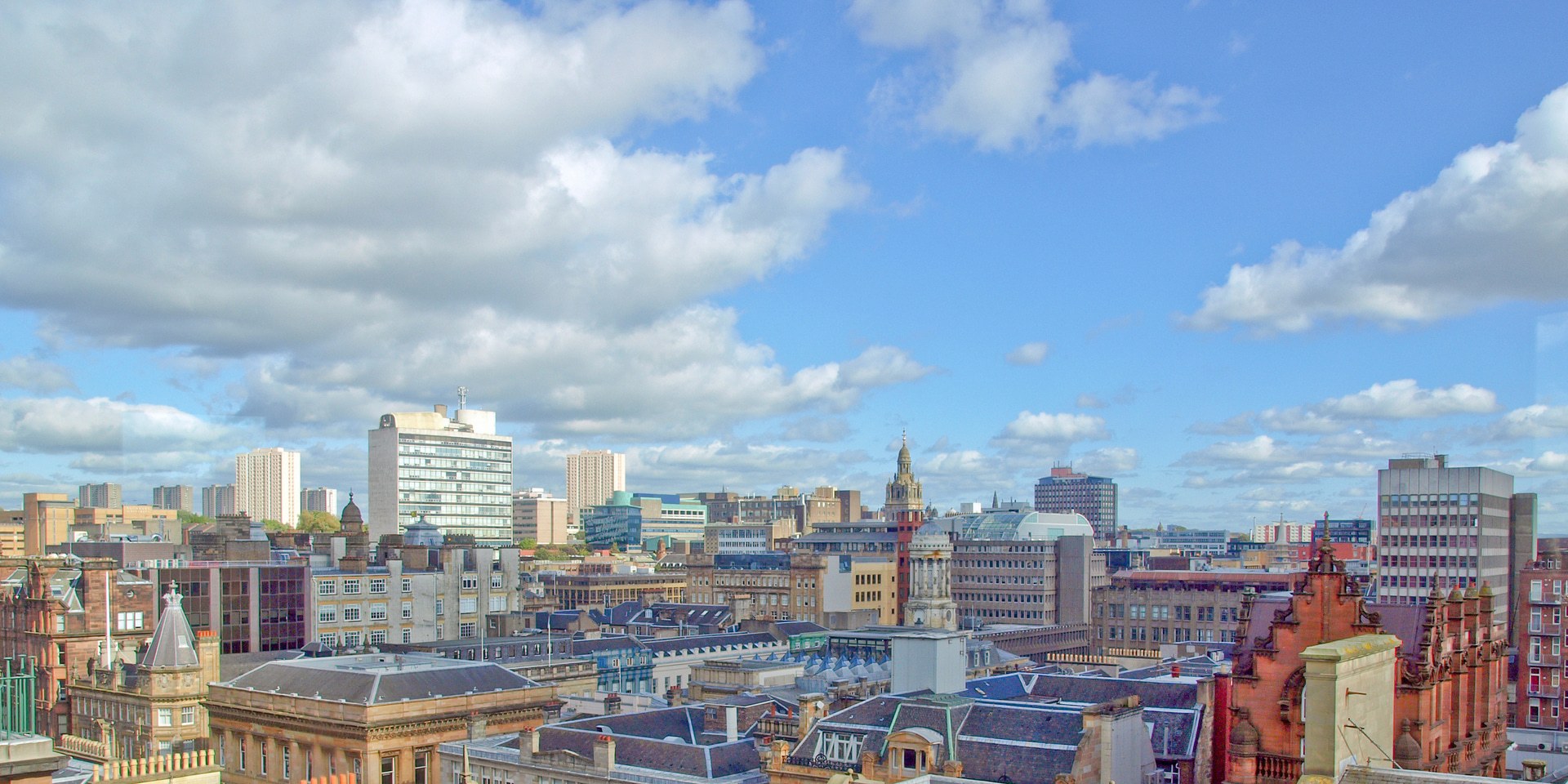 An aerial view of the city of Glasgow in 2010 - before the Met Tower had it's People Make Glasgow makeover.