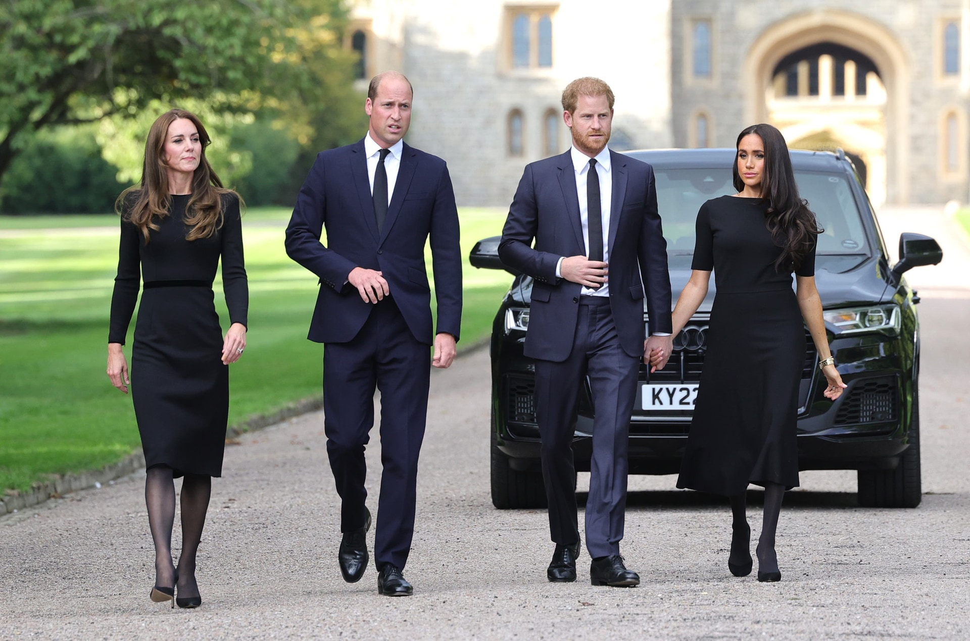 The Waleses and the Sussexes prepare to greet mourners outside Windsor Castle in 2022 (Chris Jackson/PA)