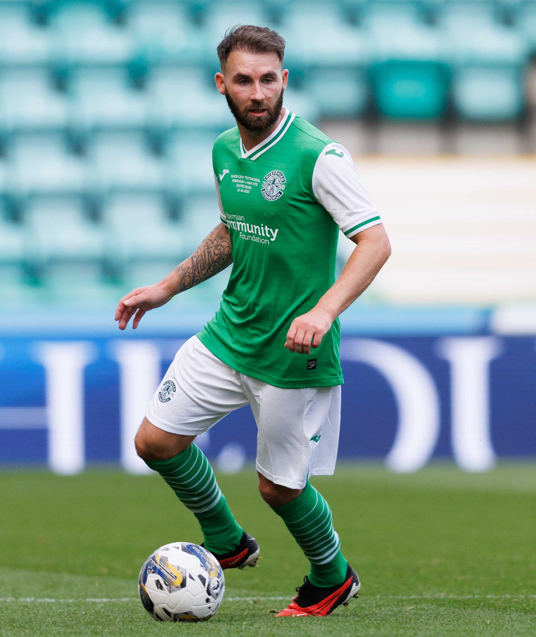 Hibernian XI's James Keatings during a David Gray Testimonial match between Hibernian and Manchester United Select at Easter Road, on October 15, 2023.