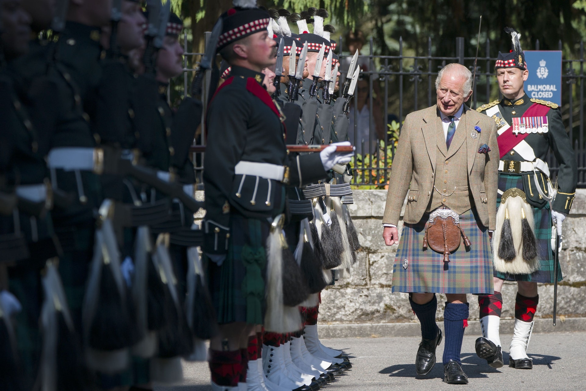 The King inspected the Balaklava Company, 5th Battalion, The Royal Regiment of Scotland, at the gates of Balmoral (Jane Barlow/PA)