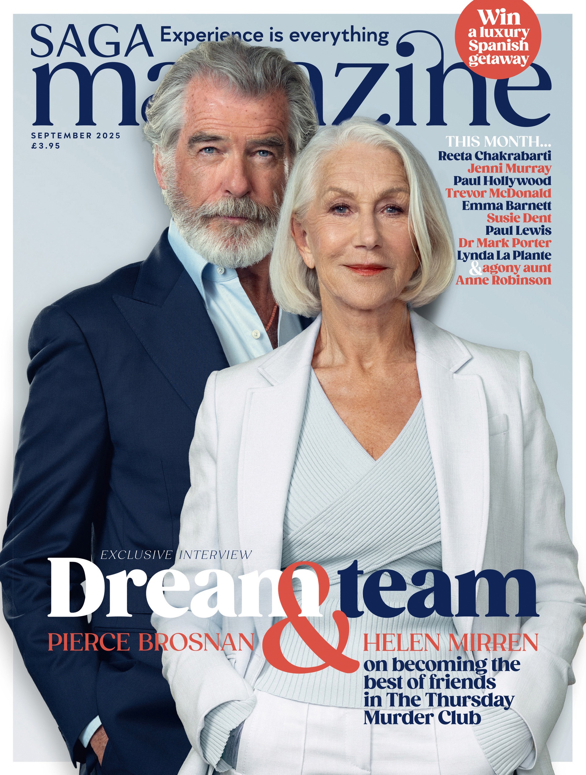 Pierce Brosnan and Dame Helen Mirren on the cover of Saga Magazine (Saga Magazine/Giles Keyte/Netflix/PA)