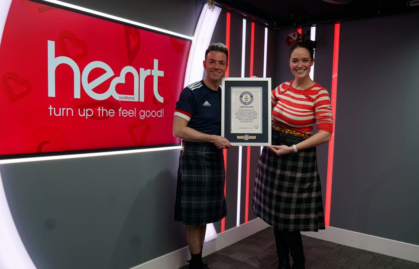 The most kilts put on in one minute is five, achieved by radio presenter Jennifer Reoch.