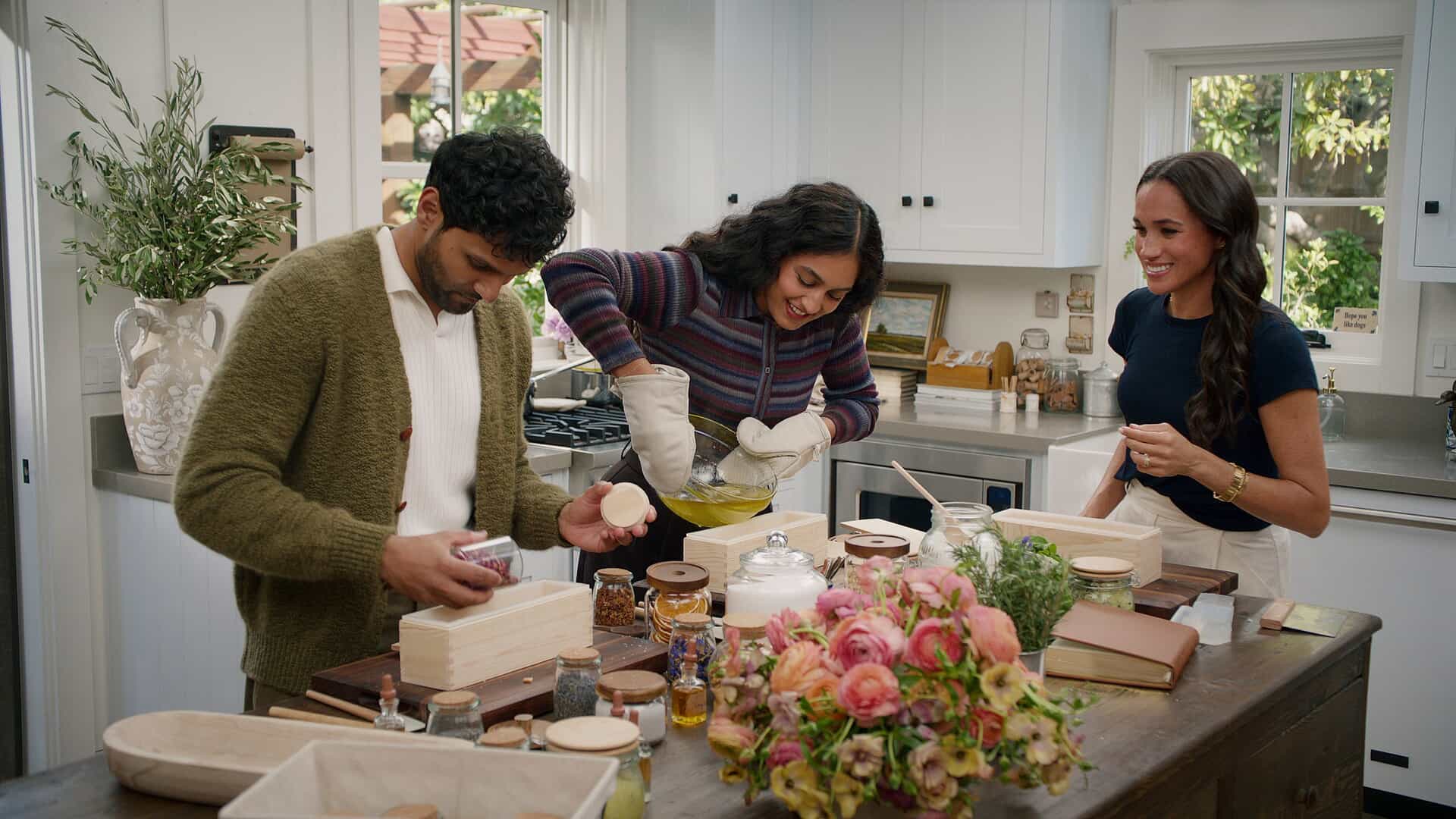 Meghan with Jay Shetty and Radhi Devlukia in the second season of her lifestyle series (Netflix/PA)