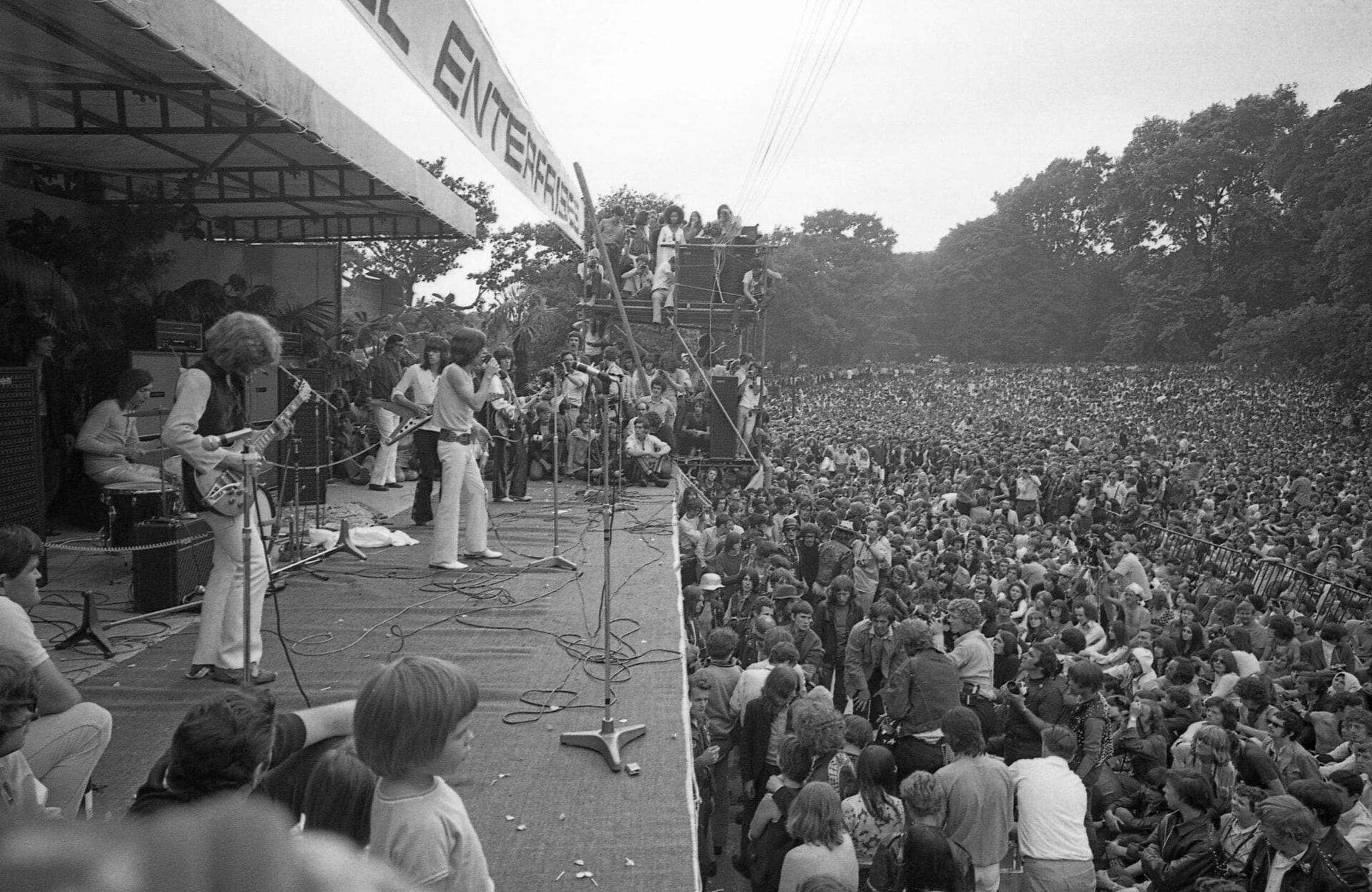 Mick Jagger, Mick Taylor, Charlie Watts, Keith Richards and Bill Wyman of The Rolling Stones perform before a crowd of nearly 250,000 fans in Hyde Park, London in 1969.