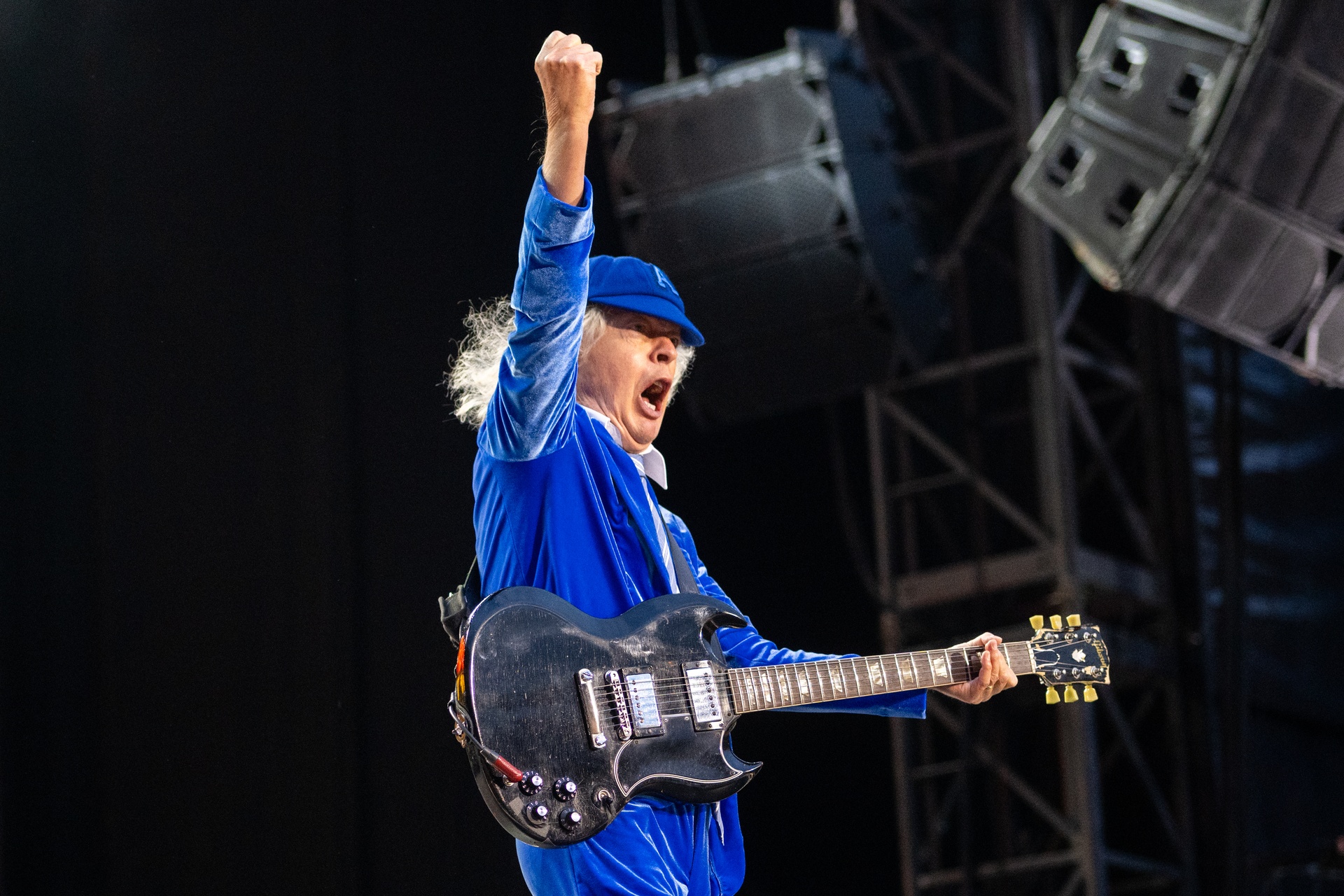 Angus Young of AC/DC performs on stage during a concert for the Power Up tour at Murrayfield Stadium on August 21, 2025 in Edinburgh.