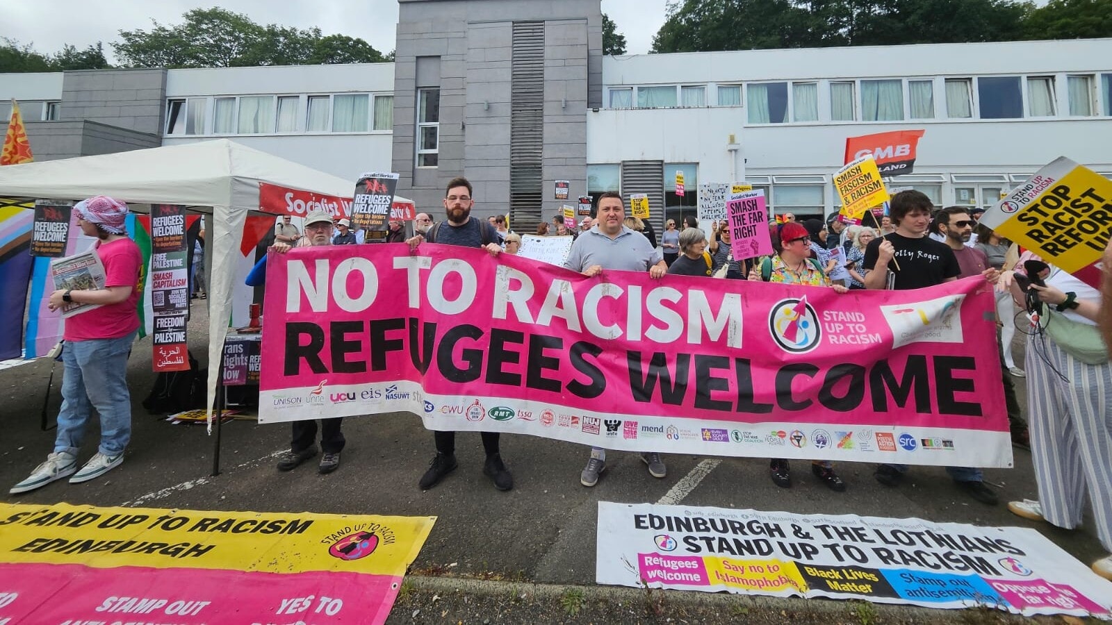 The demonstrations outside Scottish hotels were met by counter-protests.