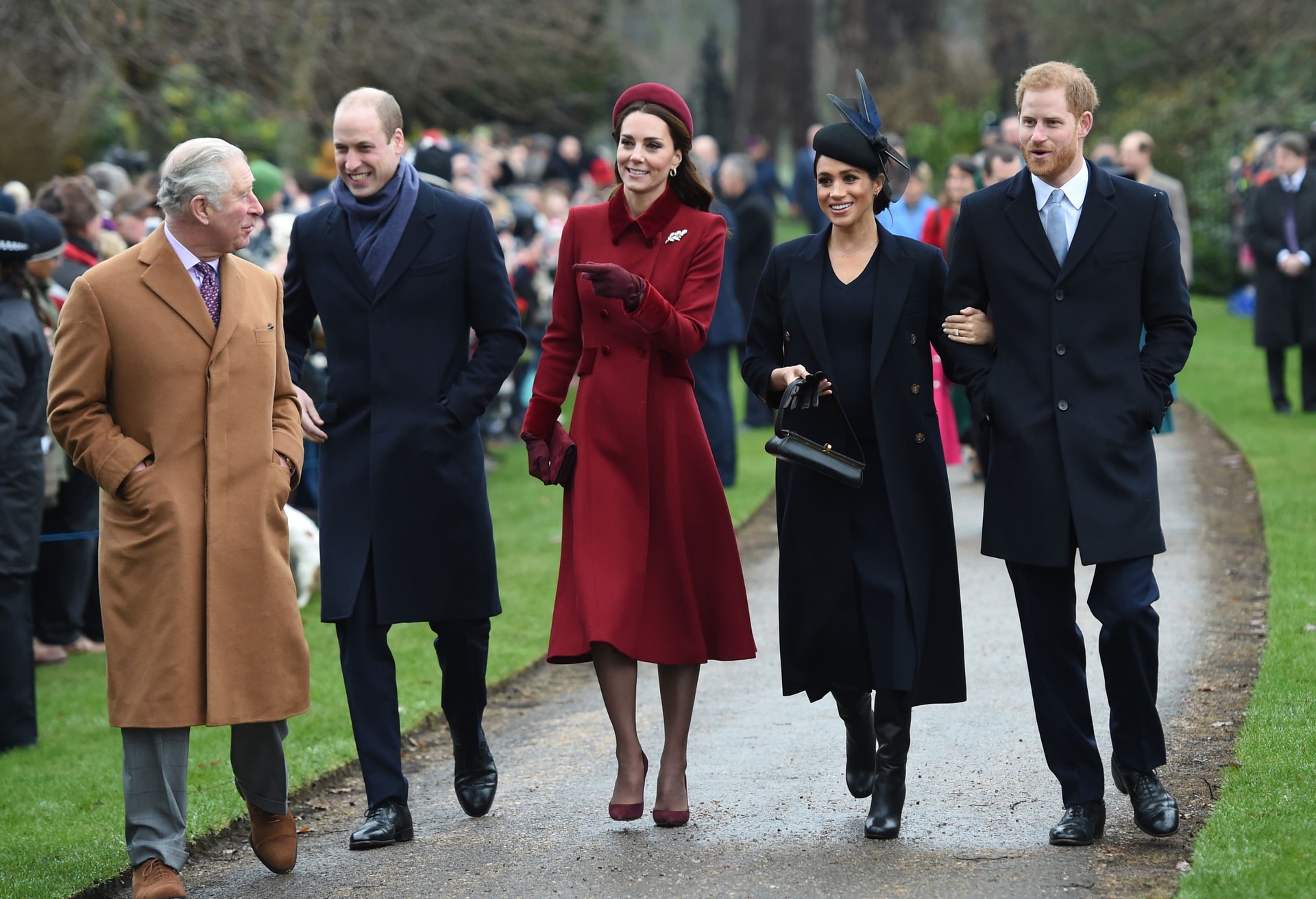 The then-prince of Wales, then-duke and duchess of Cambridge, and the Sussexes attend the Christmas Day morning church service at St Mary Magdalene Church in Sandringham in 2018 (Joe Giddens/PA).