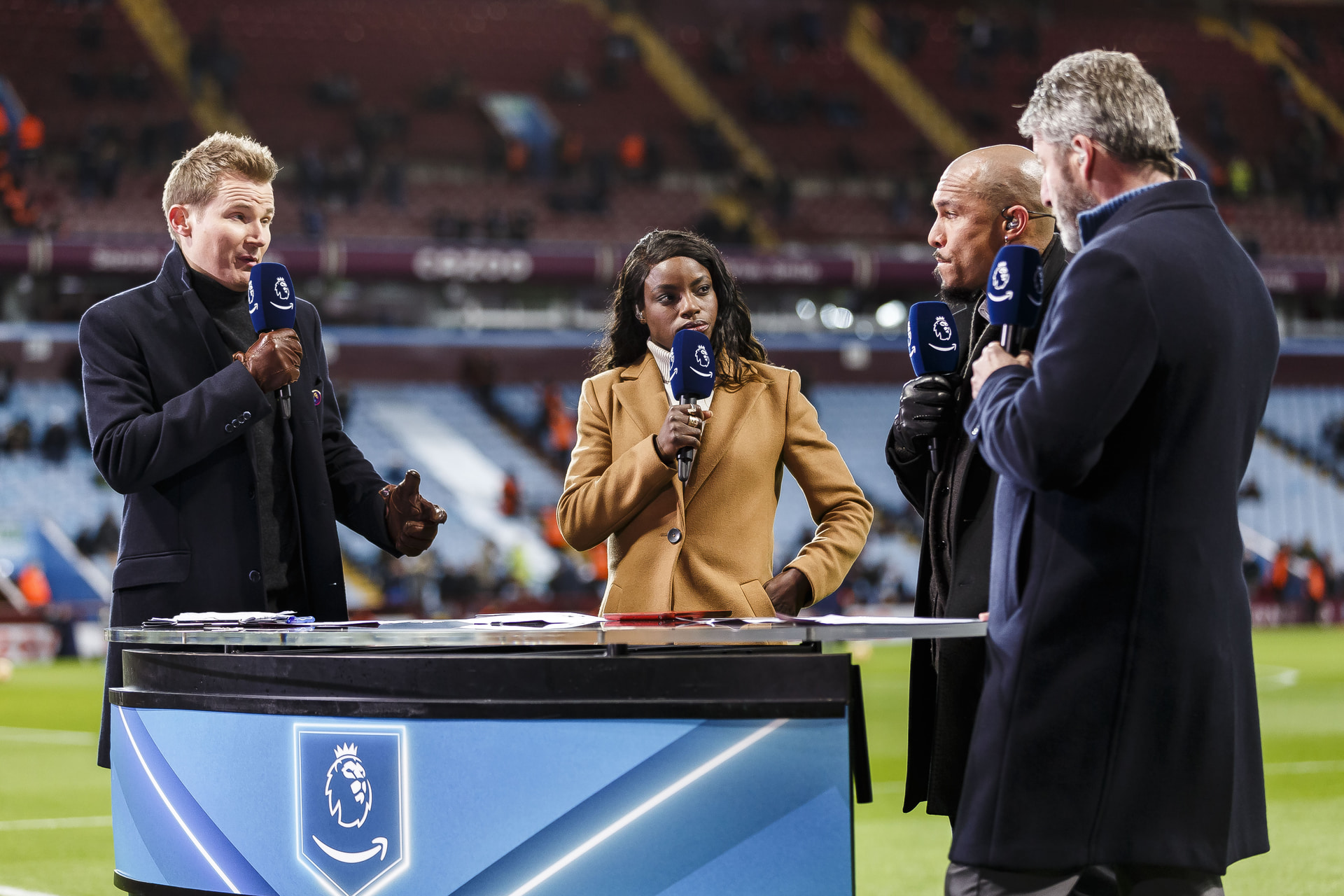 Darrell Currie with Eniola Aluko, Nigel De Jong and Andy Townsend before the Premier League match between Aston Villa and Manchester City at Villa Park on December 1, 2021.