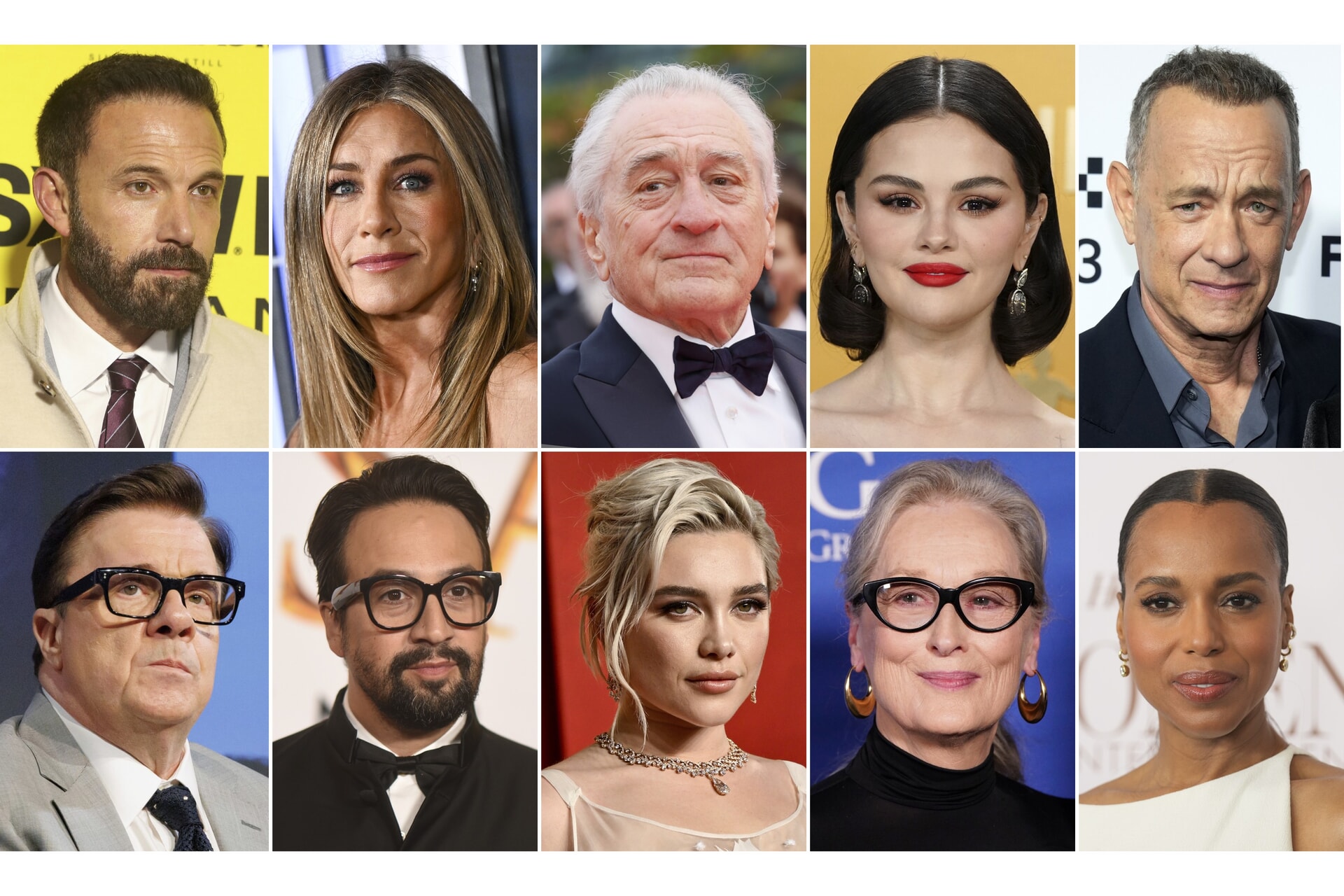 Ben Affleck, Jennifer Aniston, Robert De Niro, Selena Gomez, Tom Hanks, bottom row from left, Nathan Lane, Lin-Manuel Miranda, Florence Pugh, Meryl Streep and Kerry Washington, were among those showing support.