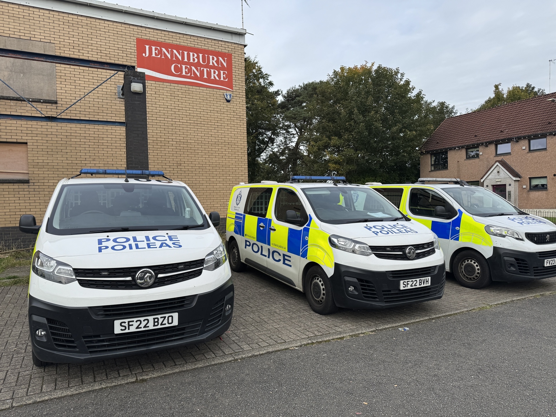 Police remain at the scene of the Jenniburn Centre.