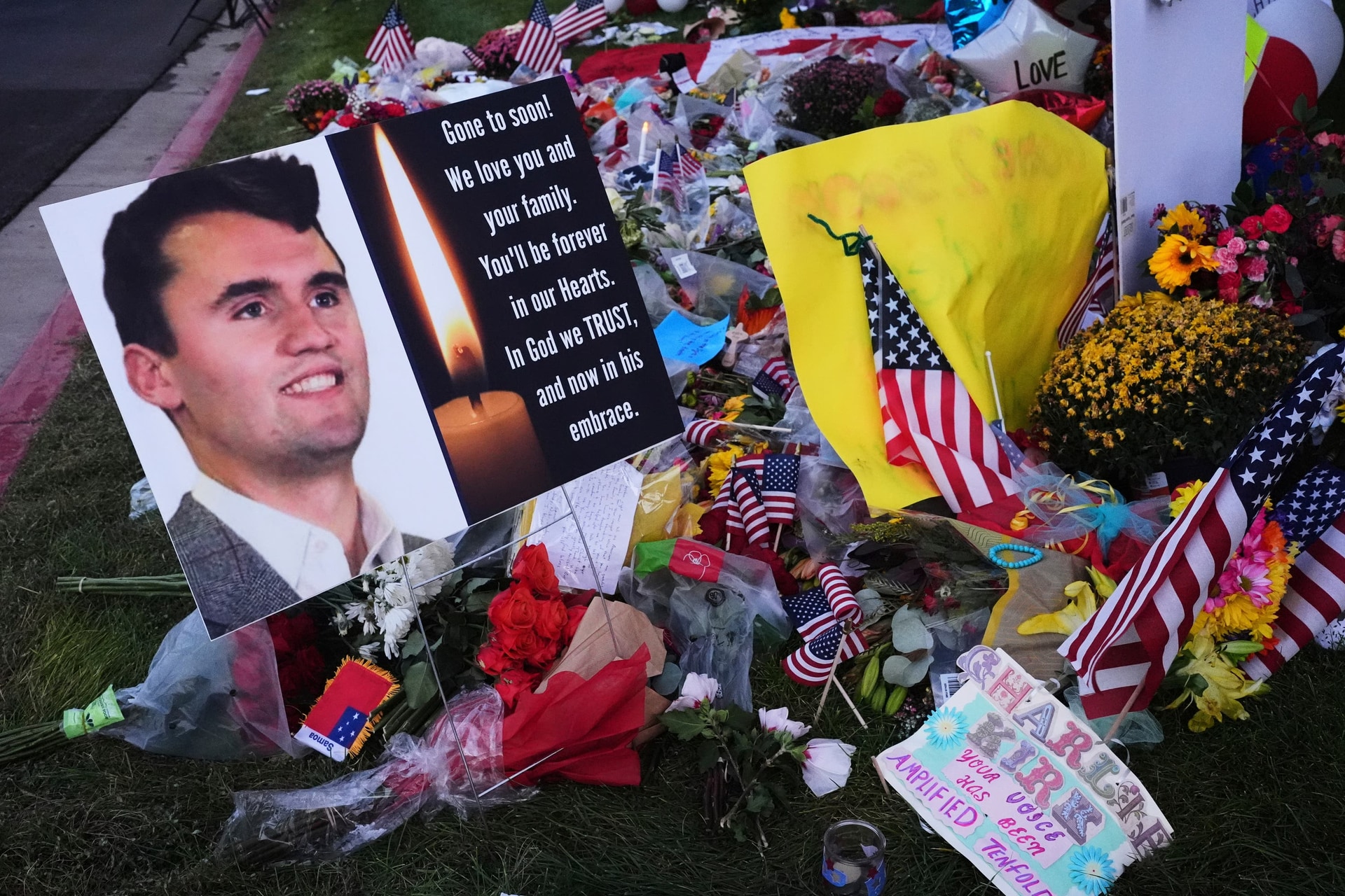 A memorial for Turning Point USA chief executive and co-founder Charlie Kirk is seen at Utah Valley University (Lindsey Wasson/AP photo)