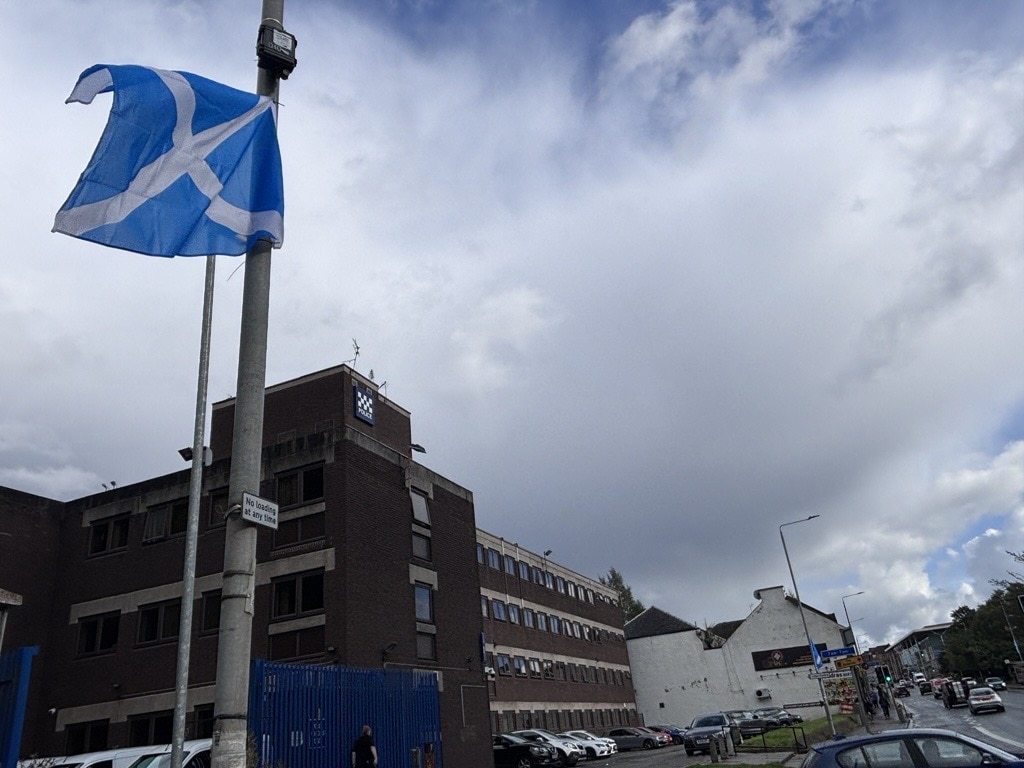 Saltires attached to street lamps in Glasgow.