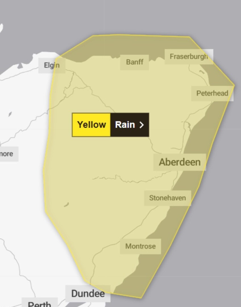 Heavy rain is to batter parts of the north east of Scotland as the Met Office issued a yellow weather warning.