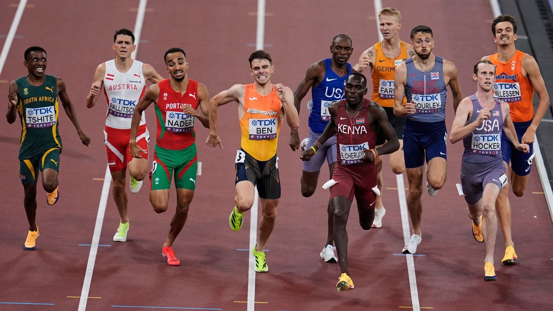 Cole Hocker, front right, was disqualified after his semi-final.