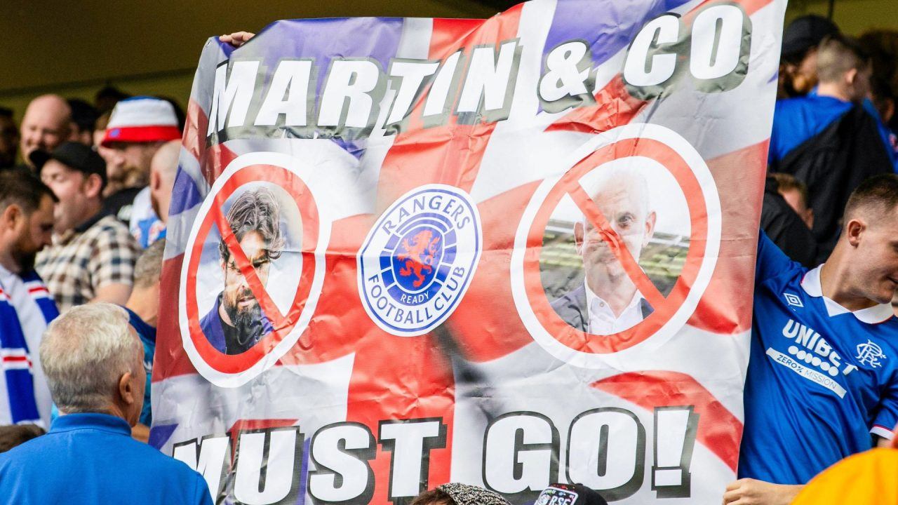 Rangers fans hold up a banner which reads 'Martin & Co Must Go' during a William Hill Premiership match between Rangers and Celtic at Ibrox Stadium, on August 31, 2025, in Glasgow, Scotland. (Photo by Alan Harvey / SNS Group)