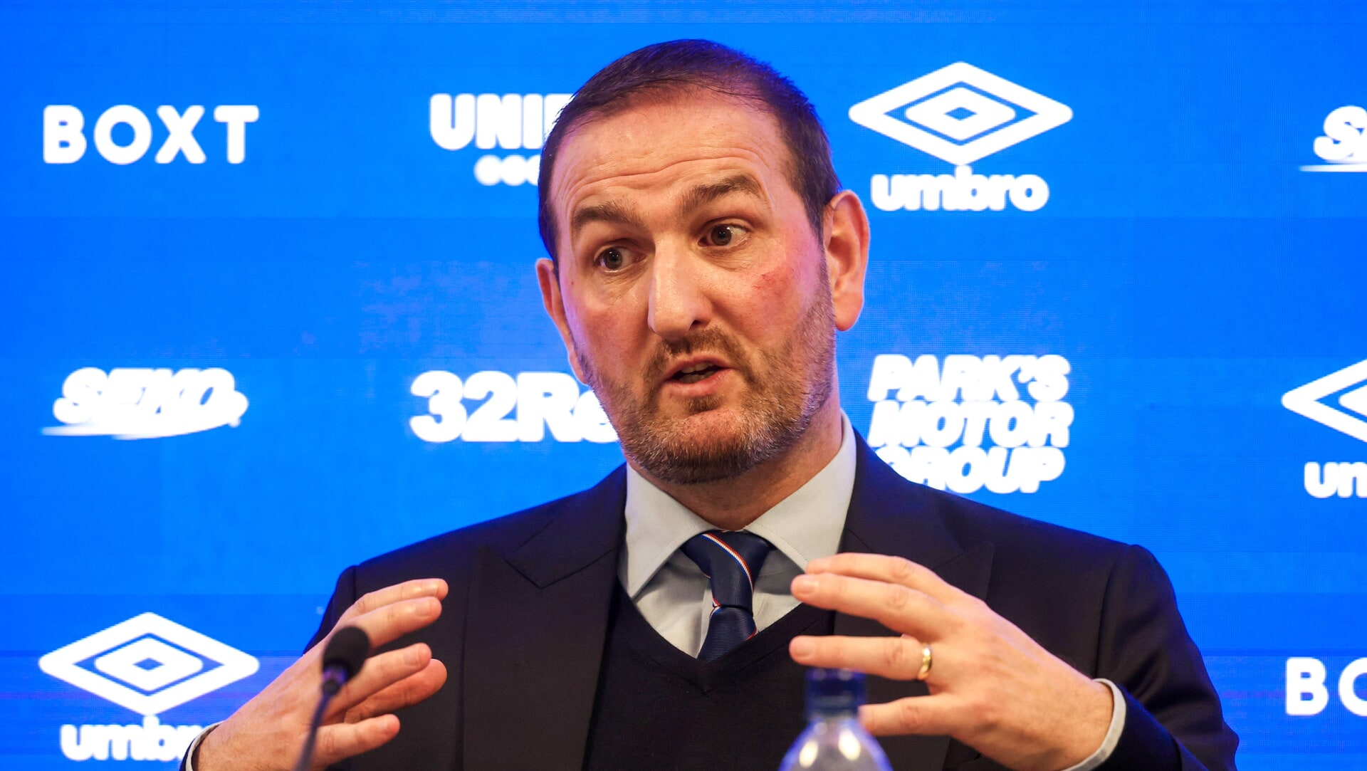 GLASGOW, SCOTLAND - OCTOBER 21: Rangers Sporting Director Kevin Thelwell as Danny Rohl is unveiled as the new Head Coach of Rangers Football Club at Ibrox Stadium, on October 21, 2025, in Glasgow, Scotland. (Photo by Alan Harvey / SNS Group)