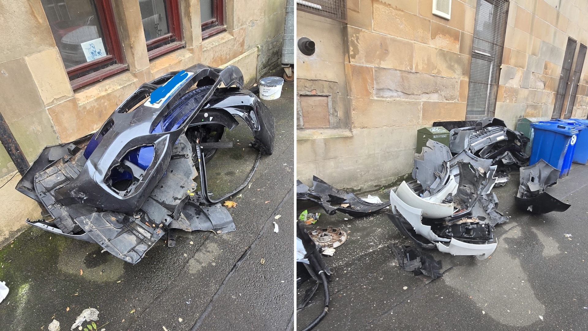 cars torn to bits and left dumped on a Glasgow street