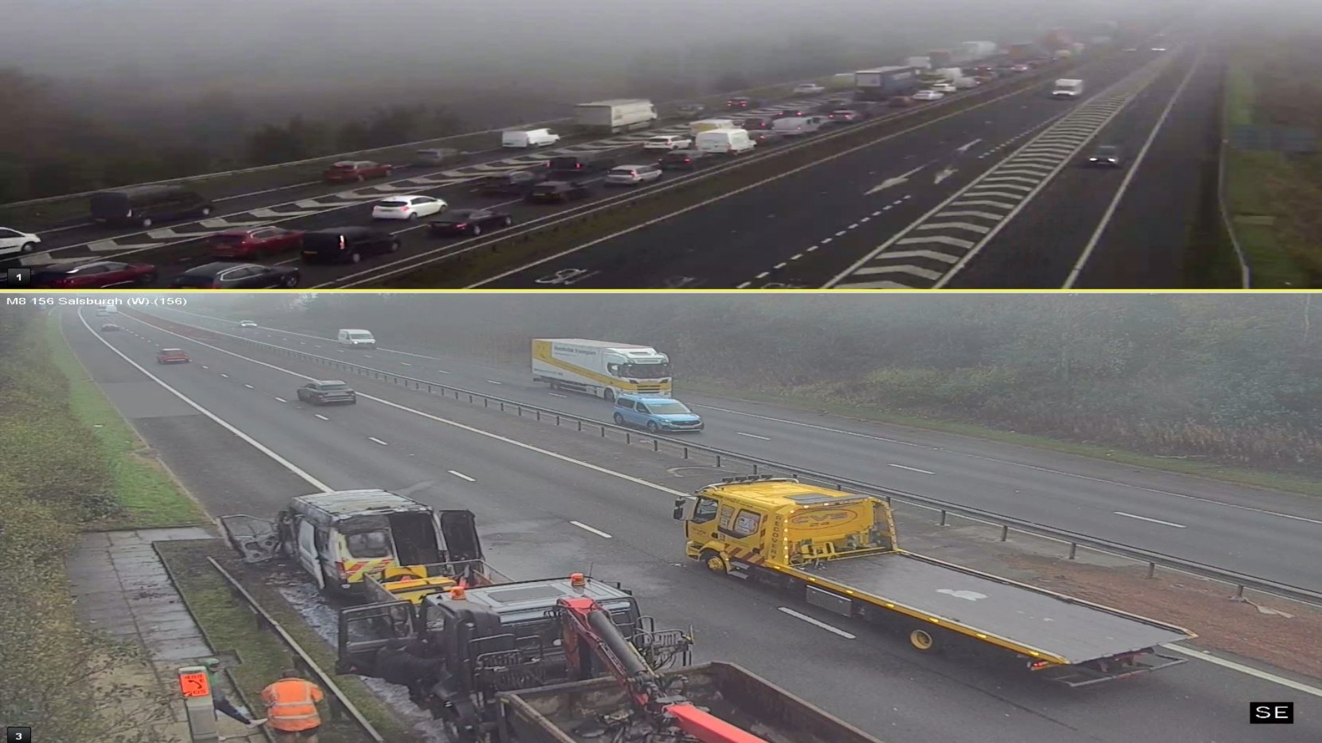 A van bursts into flames on the M8.
