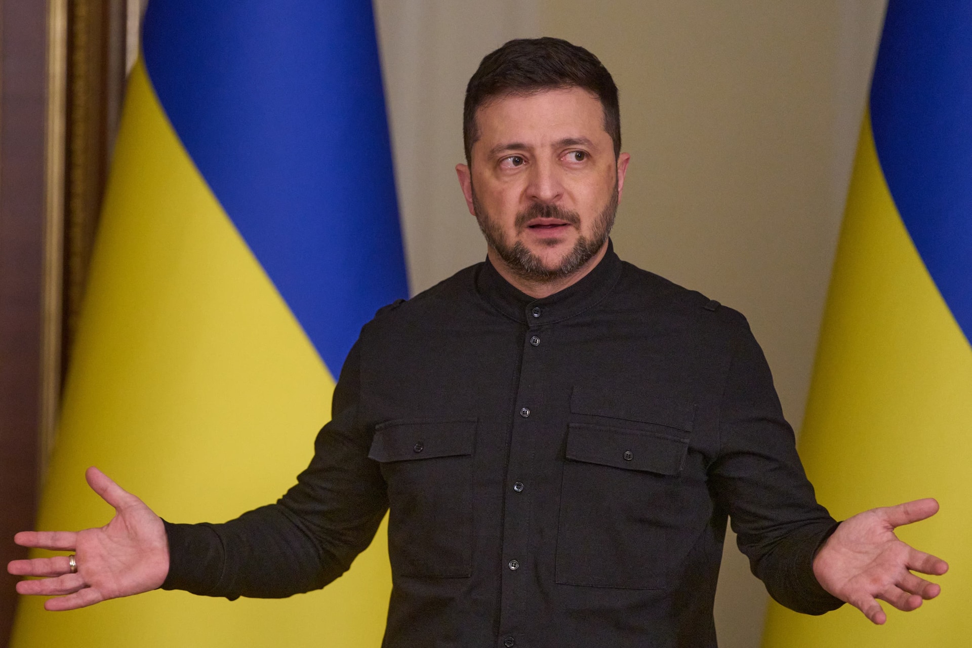 Ukrainian President Volodymyr Zelensky talks during a press conference in Kyiv (AP).