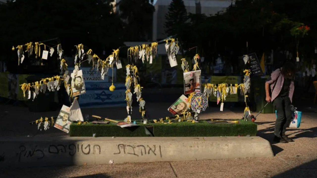 Photographs of Israeli hostages at the plaza known as hostages square in Tel Aviv (Francisco Seco/AP)